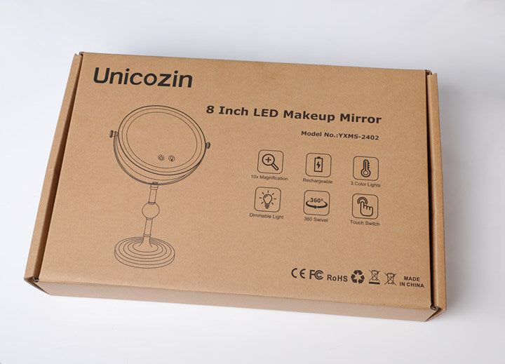 9" Double Sided Lighted Makeup Mirror with Stand, 1X/10X Magnification Vanity Mirror with 3 Colors Stepless Dimming, Portable & Rechargeable Touch Control 360°Swivel Light Up Mirror, Women Gift