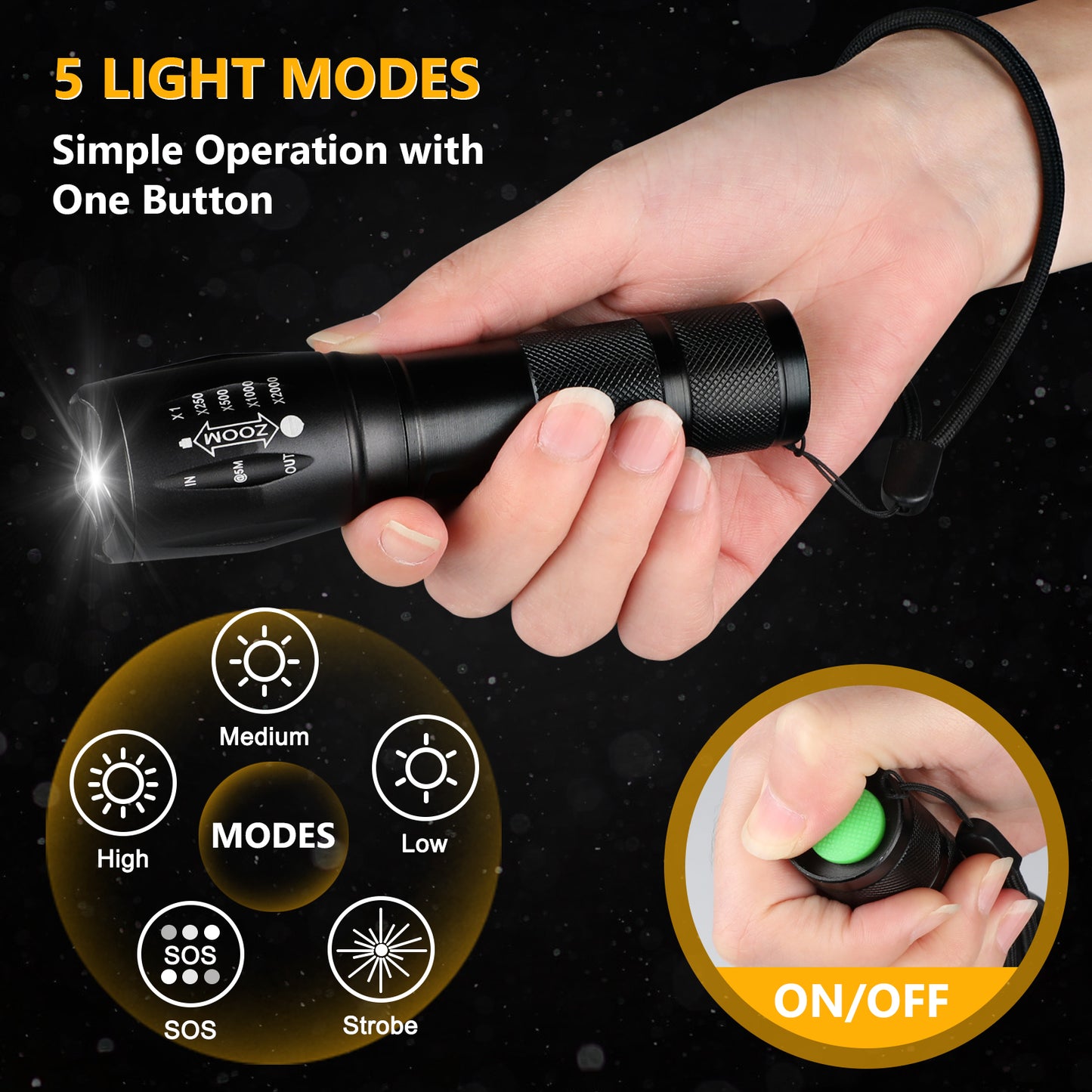 Unicozin LED Torch 1 Pack, 2000LM LED Flashlight Adjustable, 5 Modes Focus Zoomable, 3 x AAA Batteries Included, Waterproof Powerful Pocket Torch for Camping, Hiking, Walking, Outdoor, Emergency