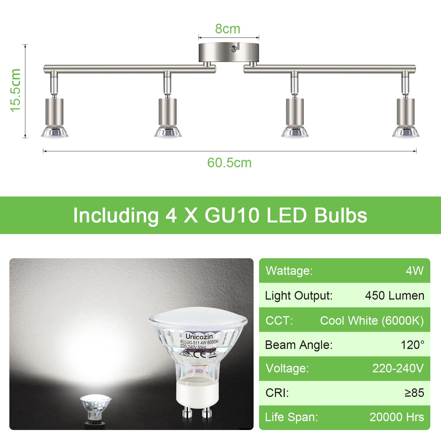 Unicozin LED Ceiling Light Rotatable, 4 Way LED Ceiling Spotlight, Matt Nickel & Swivelling Design, Including 4 X 4W GU10 LED Bulbs (450LM, Cool White 6000K),for Kitchen, Living Room, Bedroom, AC220-240V