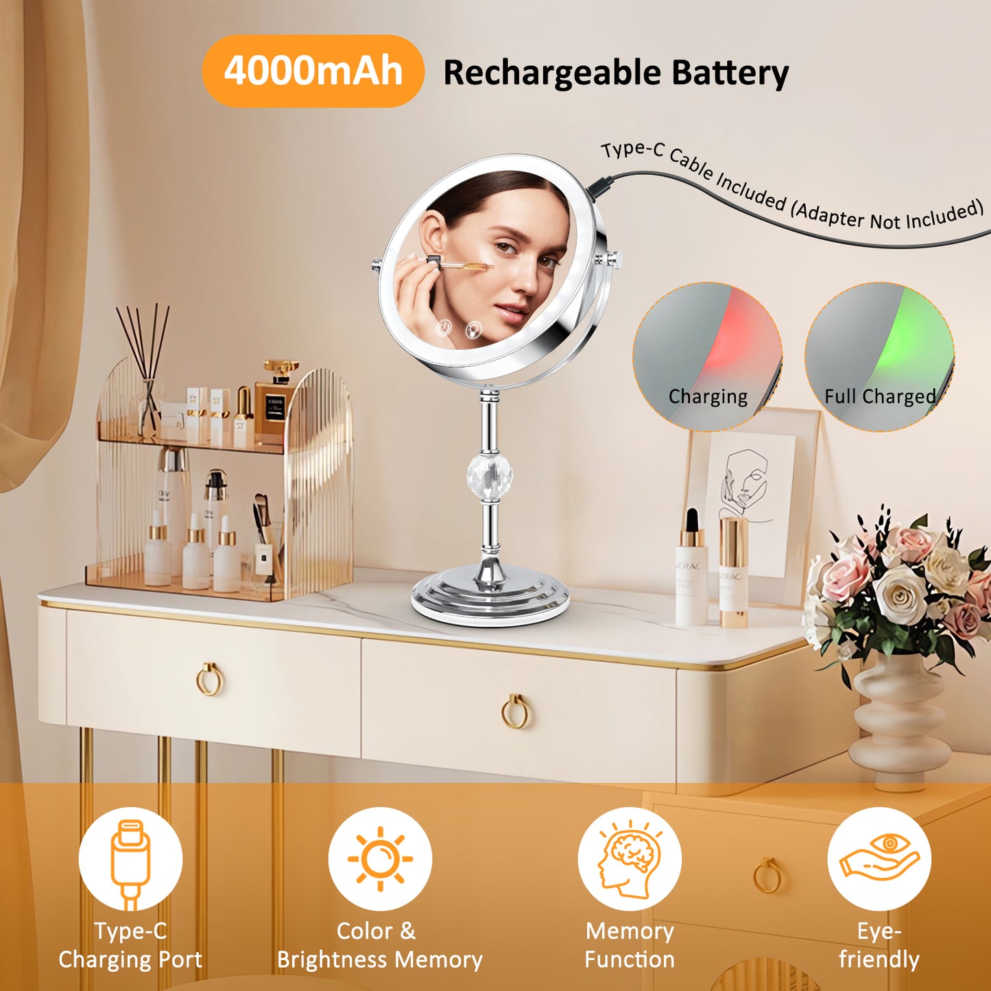 9" Double Sided Lighted Makeup Mirror with Stand, 1X/10X Magnification Vanity Mirror with 3 Colors Stepless Dimming, Portable & Rechargeable Touch Control 360°Swivel Light Up Mirror, Women Gift