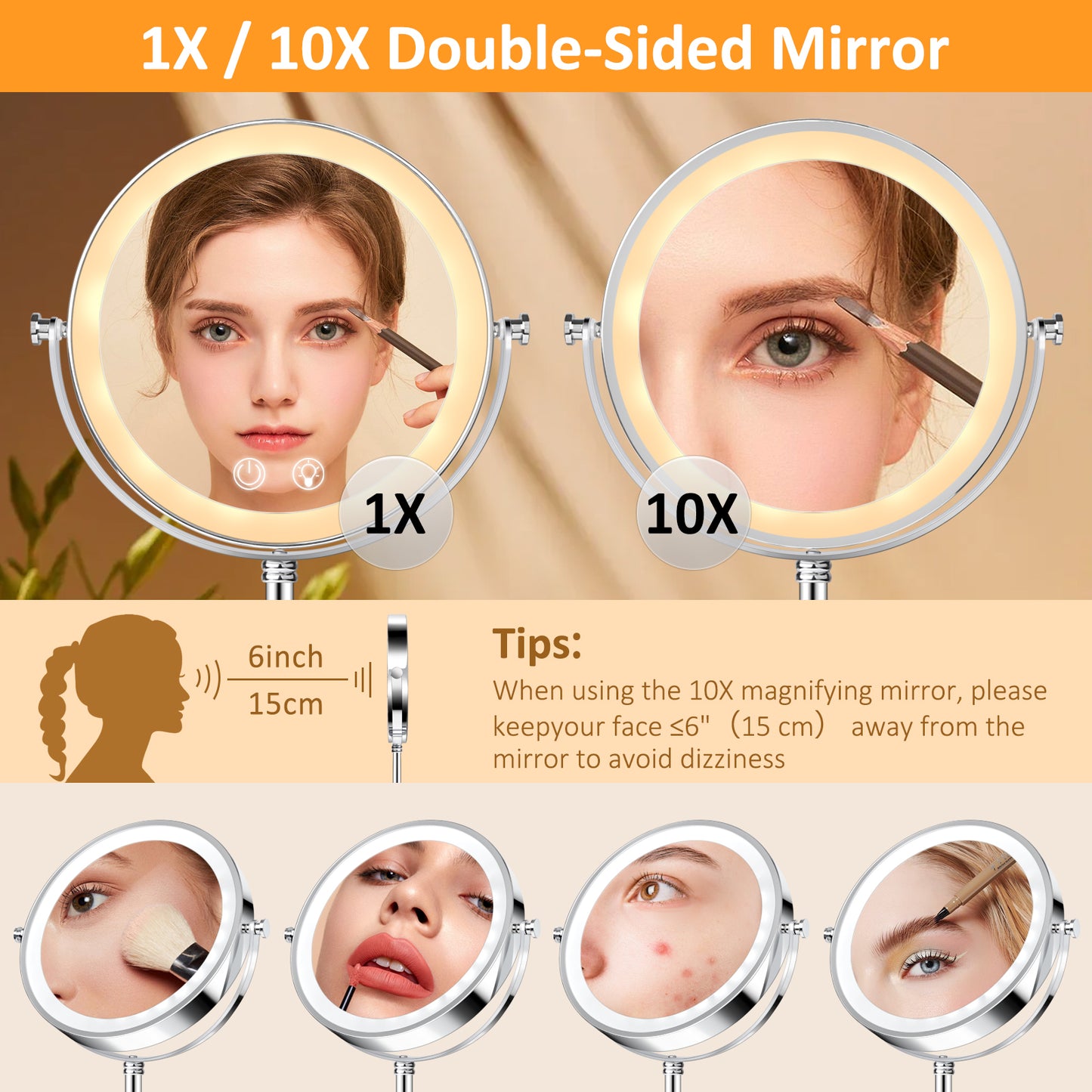 9" Double Sided Lighted Makeup Mirror with Stand, 1X/10X Magnification Vanity Mirror with 3 Colors Stepless Dimming, Portable & Rechargeable Touch Control 360°Swivel Light Up Mirror, Women Gift