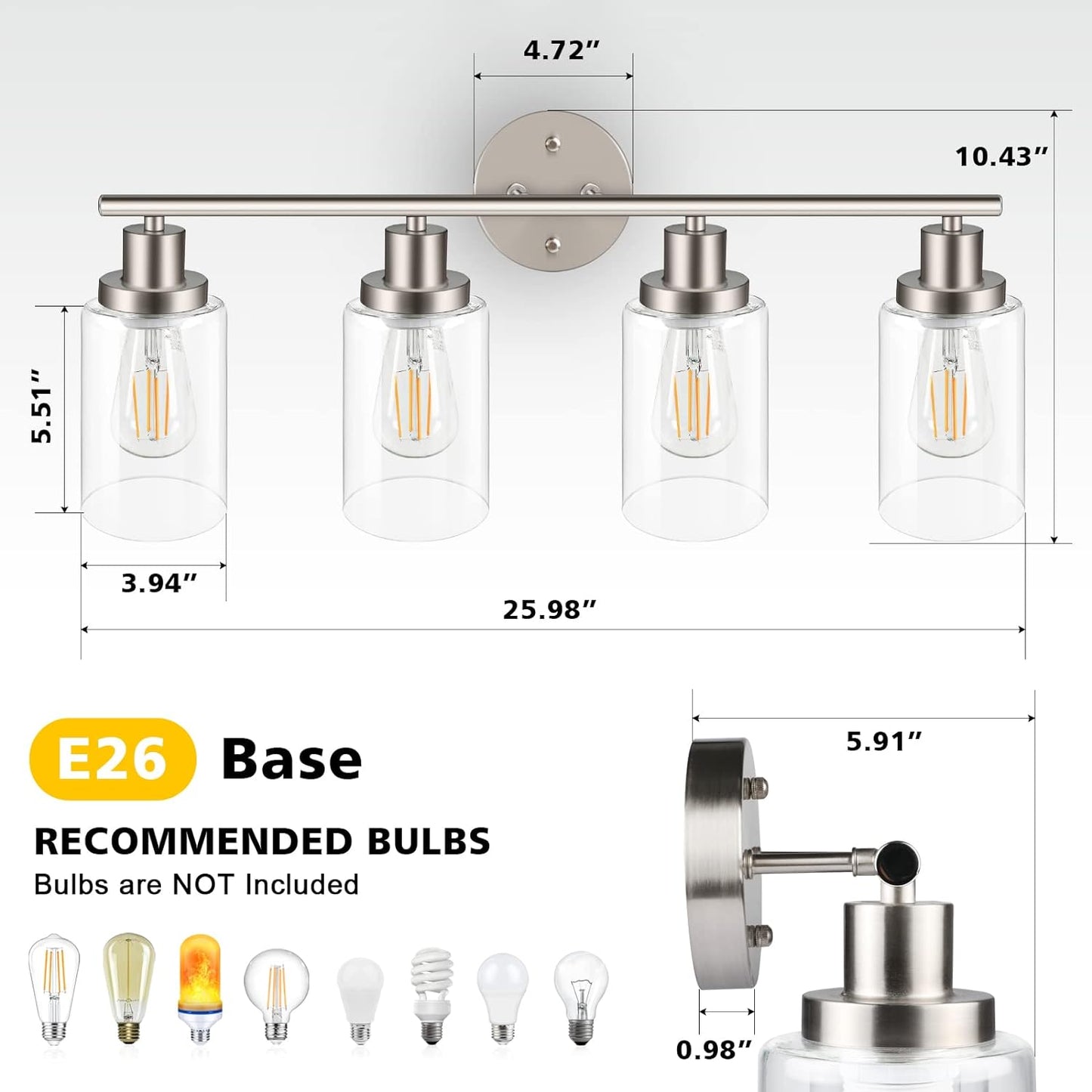 Unicozin 4 Light Vanity Lights, Bathroom Light Fixtures Over Mirror, Matt Nickel Wall Sconce Light with Clear Glass, Wall Light for Living Room, Bedroom, Hallway, E26 Base (Bulbs Not Included)