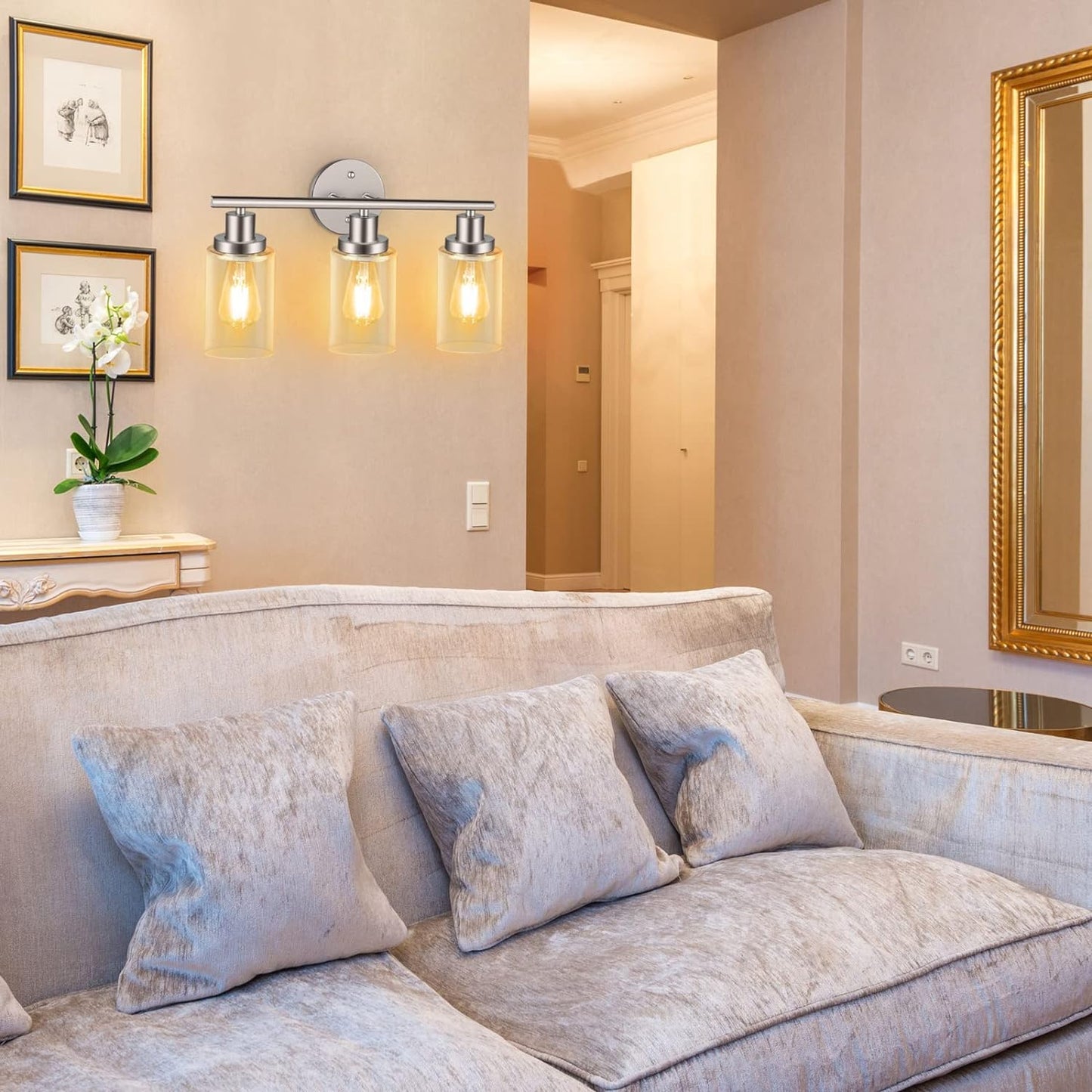 Unicozin 3 Light Vanity Lights, Matt Nickel Wall Sconce Light with Clear Glass, Bathroom Light Fixtures, Wall Lights for Mirror, Living Room, Bedroom, Hallway, E26 Base (Bulbs Not Included)