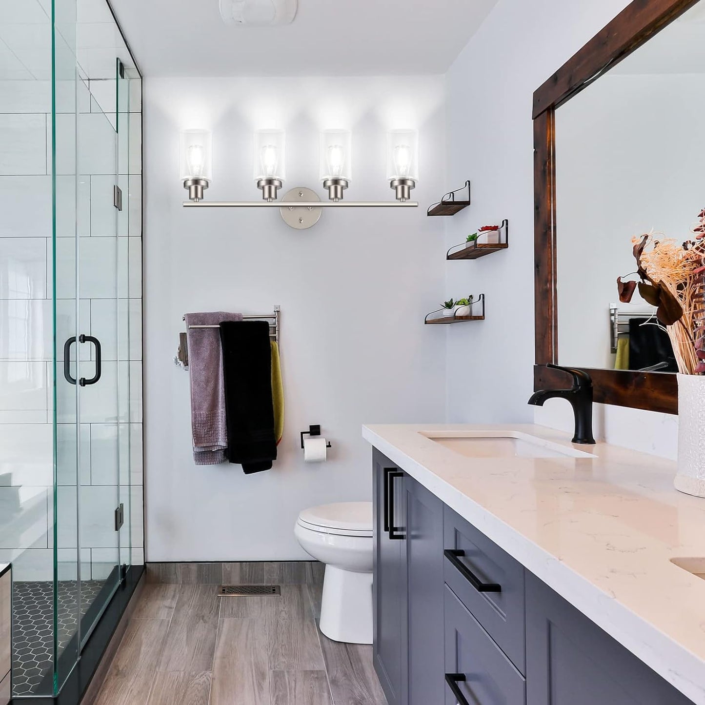 Unicozin 4 Light Vanity Lights, Bathroom Light Fixtures Over Mirror, Matt Nickel Wall Sconce Light with Clear Glass, Wall Light for Living Room, Bedroom, Hallway, E26 Base (Bulbs Not Included)