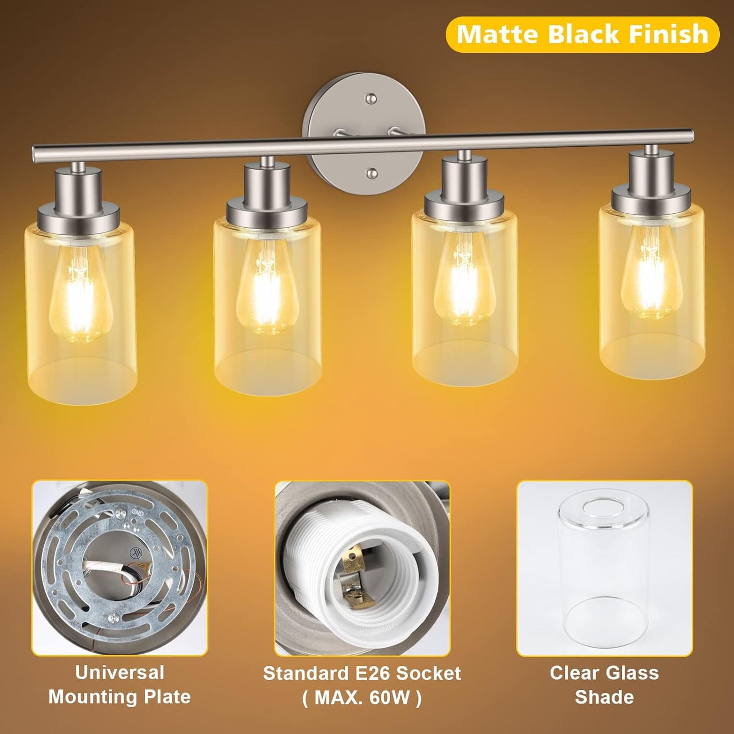 Unicozin 4 Light Vanity Lights, Bathroom Light Fixtures Over Mirror, Matt Nickel Wall Sconce Light with Clear Glass, Wall Light for Living Room, Bedroom, Hallway, E26 Base (Bulbs Not Included)