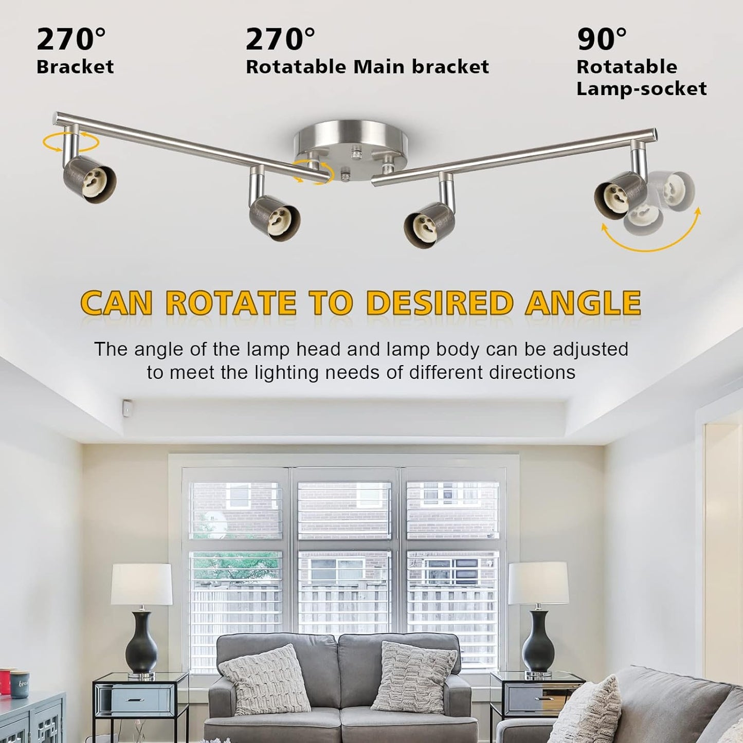 Unicozin Track Lights, 4-Light Heads LED Track Lighting Kit Brushed Nickel, 4 Way Ceiling Spot Light, Foldable Light Arms Perfect for Bedroom, Kitchen, Hallway, GU10 Base, Bulbs Not Included, AC120V