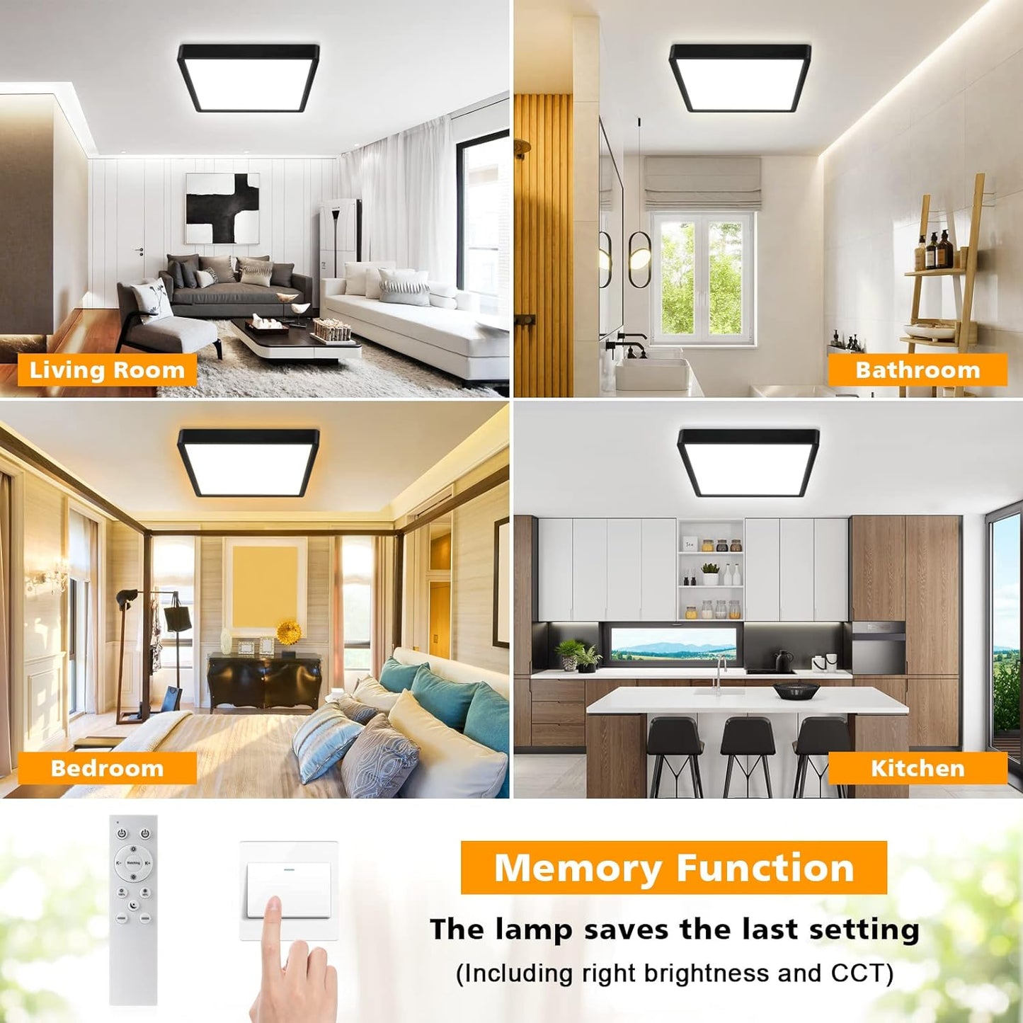 Unicozin Dimmable LED Flush Mount Ceiling Light with Remote Control, 3000K-6000K Color Changing, 8.7Inch 18W(100W Equiv) 1500LM, Square Flat Ceiling Lamp Black for Bedroom, Living Room, Kitchen