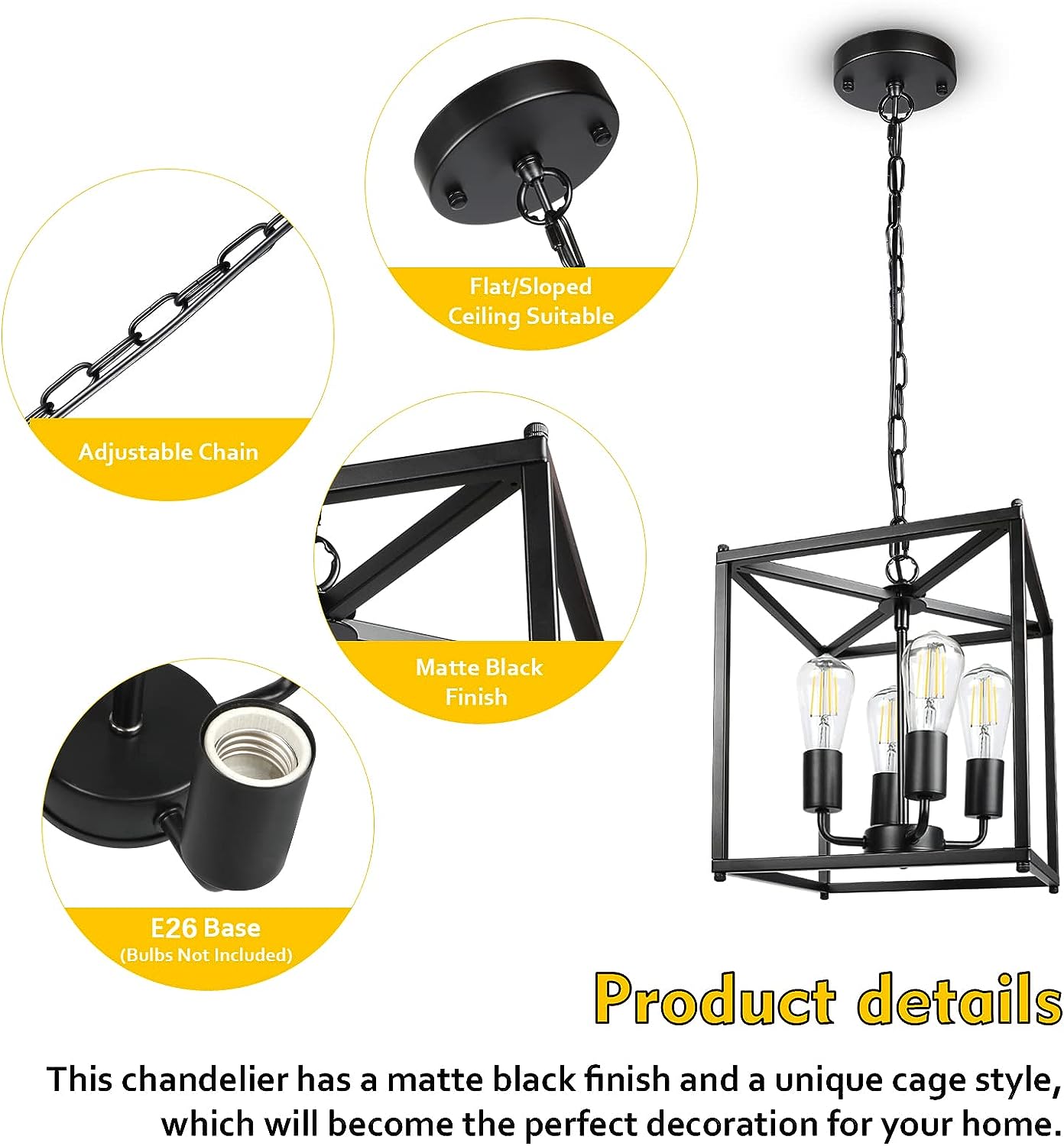 Unicozin 4-Light Black Farmhouse Chandelier, Iron Lantern Pendant Light Rustic Cage Adjustable Height, E26 Base Industrial Hanging Lights for Kitchen Island Dining Room Hallway Foyer Entryway