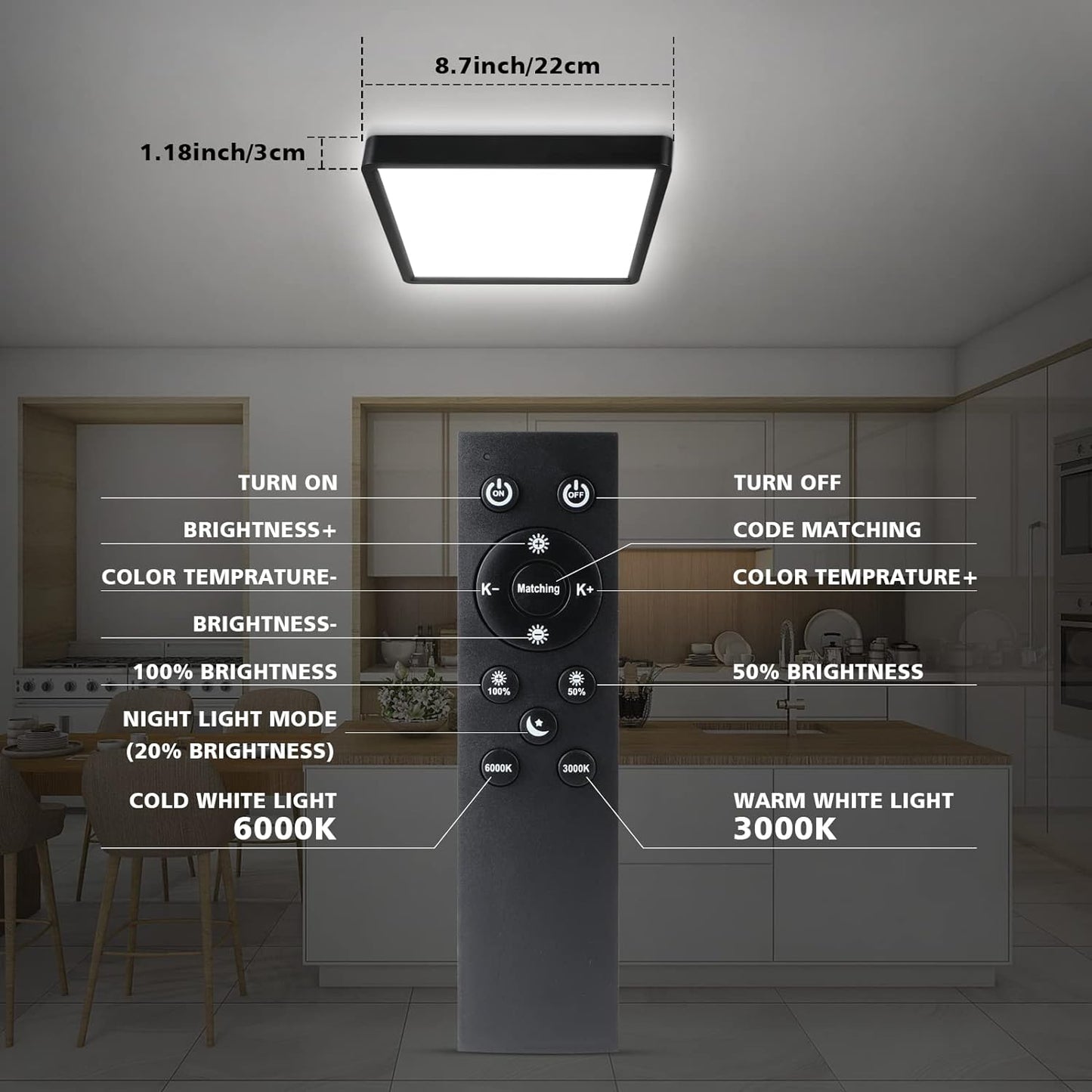 Unicozin Dimmable LED Flush Mount Ceiling Light with Remote Control, 3000K-6000K Color Changing, 8.7Inch 18W(100W Equiv) 1500LM, Square Flat Ceiling Lamp Black for Bedroom, Living Room, Kitchen