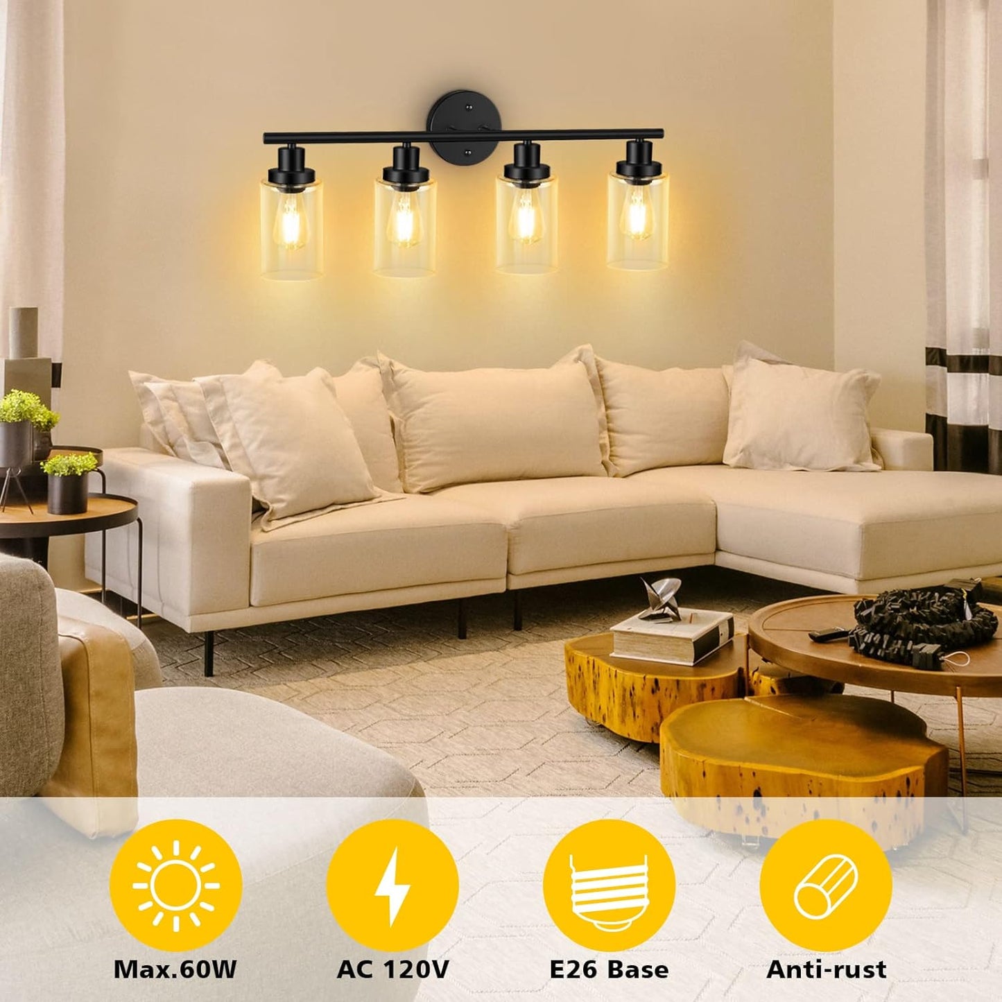 Unicozin 4 Light Vanity Lights, Black Wall Sconce Light with Clear Glass, Bathroom Light Fixtures Over Mirror, Wall Light for Living Room, Bedroom, Hallway, E26 Base (Bulbs Not Included)