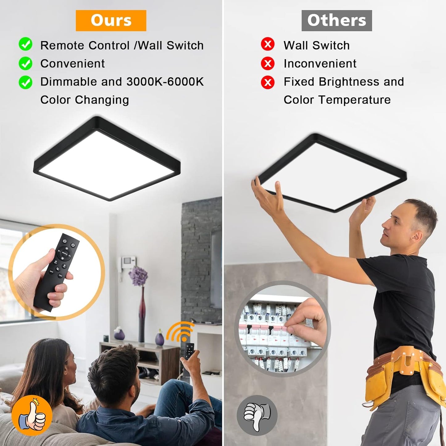 Unicozin Dimmable LED Flush Mount Ceiling Light with Remote Control, 3000K-6000K Color Changing, 8.7Inch 18W(100W Equiv) 1500LM, Square Flat Ceiling Lamp Black for Bedroom, Living Room, Kitchen