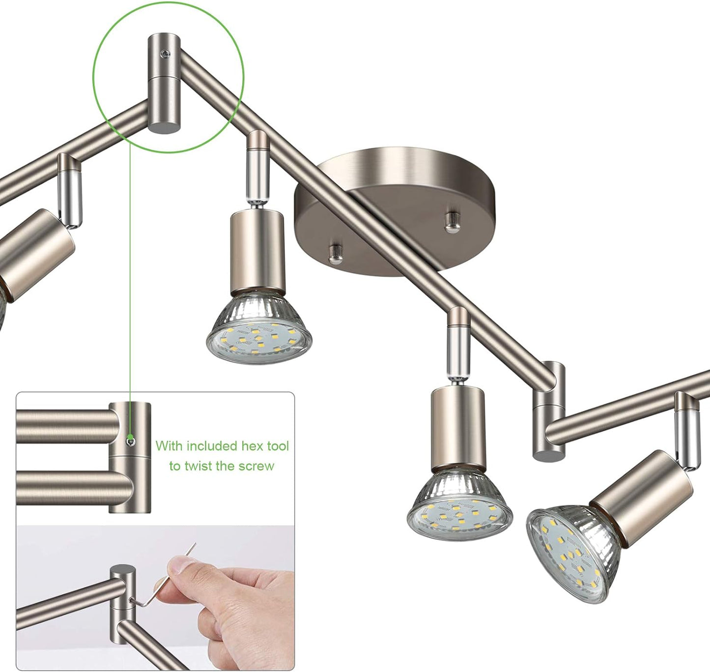 Unicozin LED 6 Light Track Lighting Kit, Matt Nickel 6 Way Ceiling Spot Lighting, Flexibly Rotatable Light Head, Modern Track Light Included 6 x LED GU10 Bulb (4W, Daylight White 5000K, 400LM, AC120V)