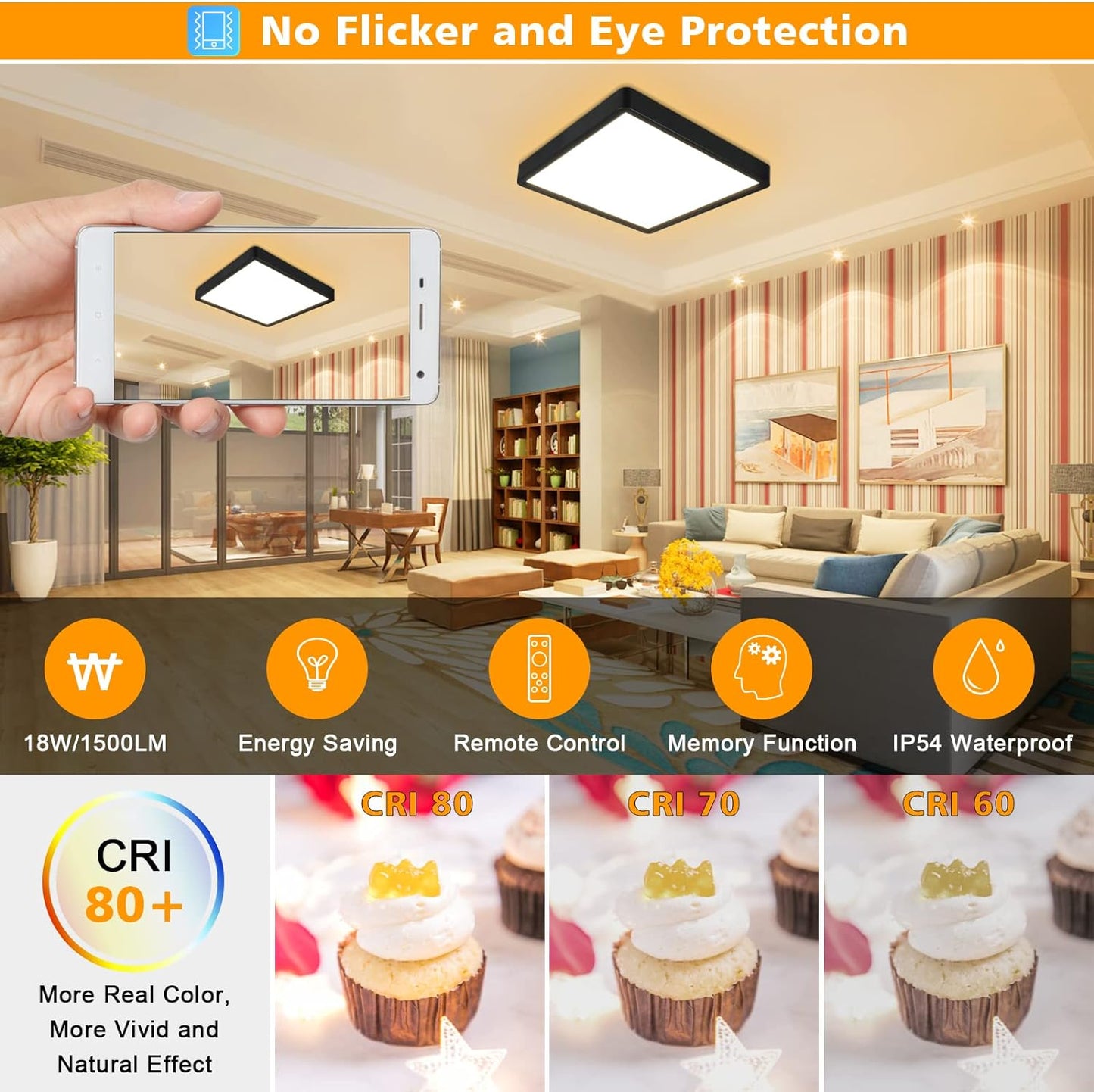 Unicozin Dimmable LED Flush Mount Ceiling Light with Remote Control, 3000K-6000K Color Changing, 8.7Inch 18W(100W Equiv) 1500LM, Square Flat Ceiling Lamp Black for Bedroom, Living Room, Kitchen