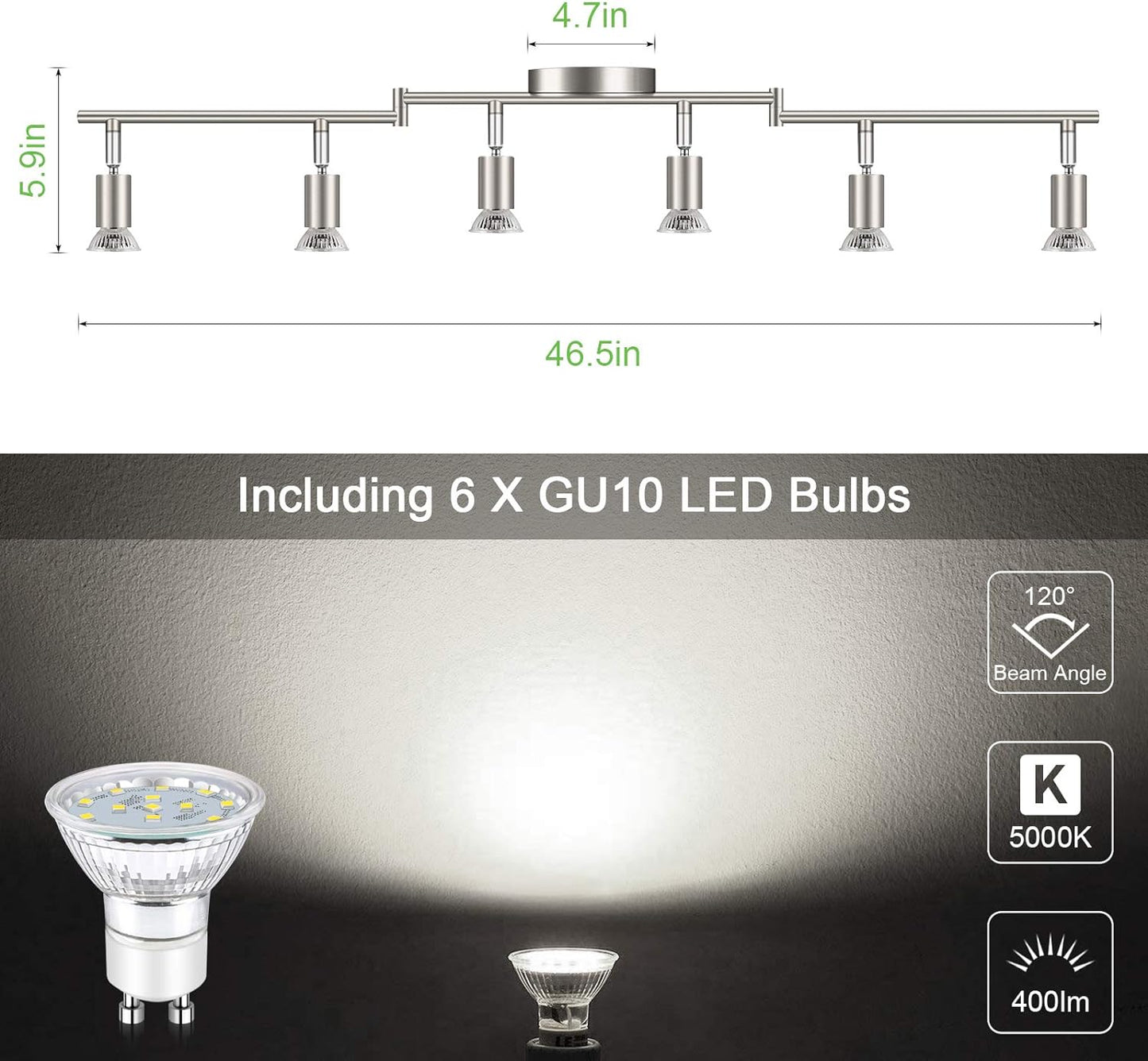 Unicozin LED 6 Light Track Lighting Kit, Matt Nickel 6 Way Ceiling Spot Lighting, Flexibly Rotatable Light Head, Modern Track Light Included 6 x LED GU10 Bulb (4W, Daylight White 5000K, 400LM, AC120V)