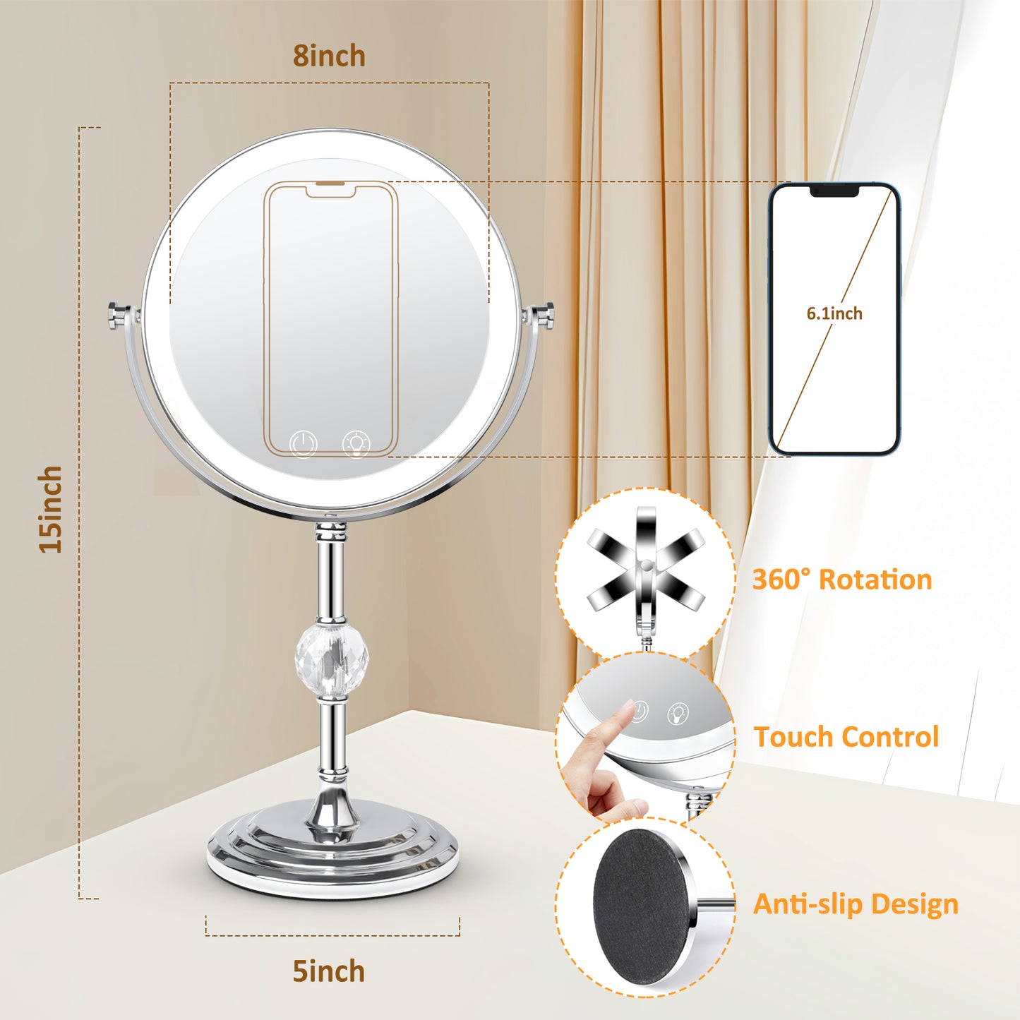 9" Double Sided Lighted Makeup Mirror with Stand, 1X/10X Magnification Vanity Mirror with 3 Colors Stepless Dimming, Portable & Rechargeable Touch Control 360°Swivel Light Up Mirror, Women Gift