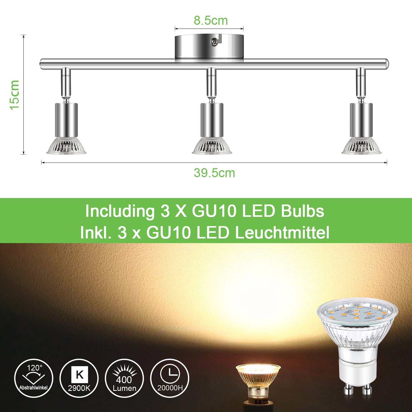 Unicozin LED Deckenleuchte, 3 Flammig LED Deckenstrahler Schwenkbar Chrom, Inkl. 3 x 4W GU10 LED Lampen, 400LM, Warmweiß, LED Deckenspot LED Deckenlampe, AC220-240V