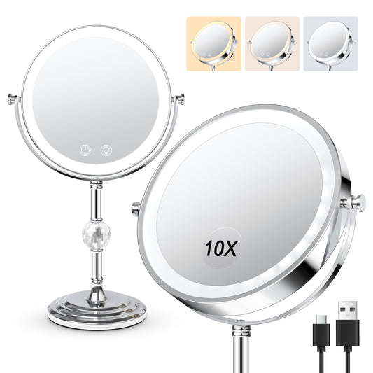 9" Double Sided Lighted Makeup Mirror with Stand, 1X/10X Magnification Vanity Mirror with 3 Colors Stepless Dimming, Portable & Rechargeable Touch Control 360°Swivel Light Up Mirror, Women Gift