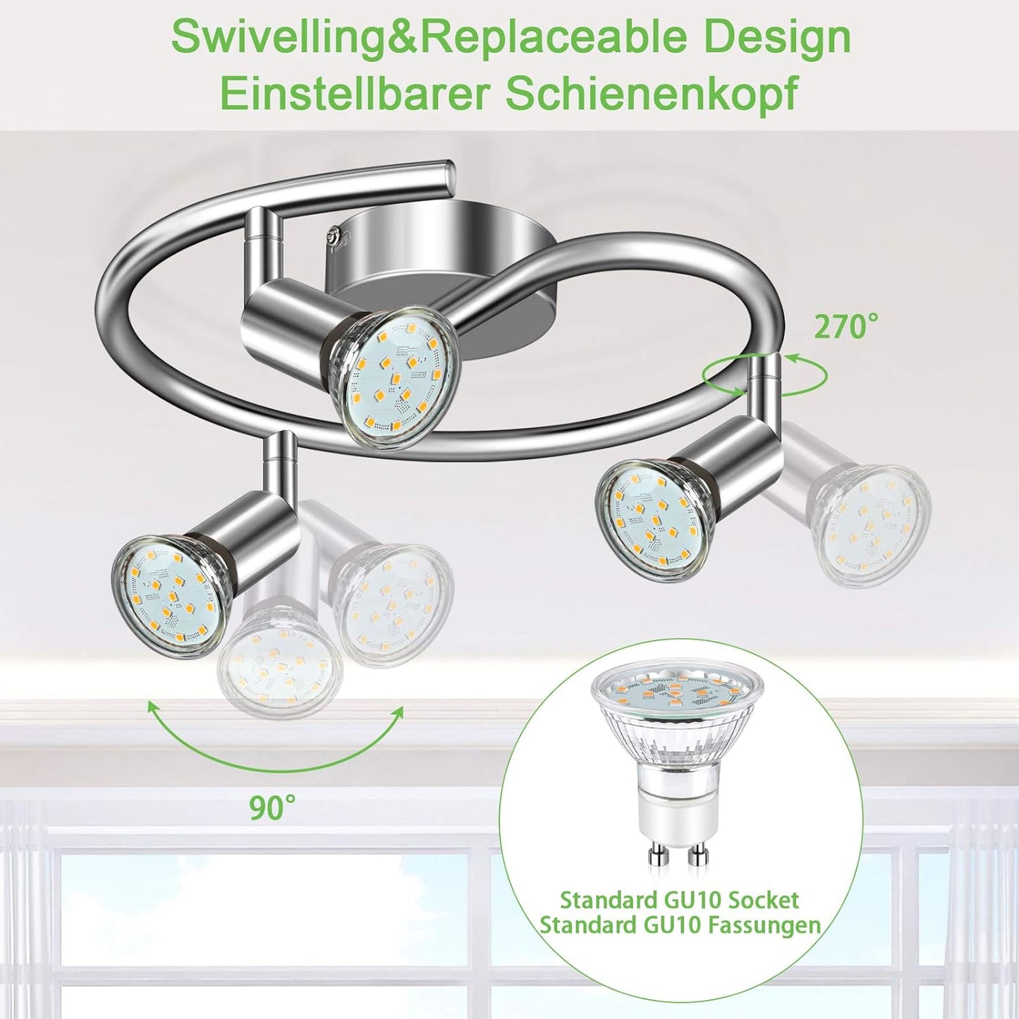 Unicozin LED Ceiling Light Rotatable, 3 Way LED Ceiling Spotlight, Chrome & Swivelling Design, for Kitchen, Living Room, Bedroom, Including 3 X 4W GU10 LED Bulbs (400LM, Warm White, AC220-240V)