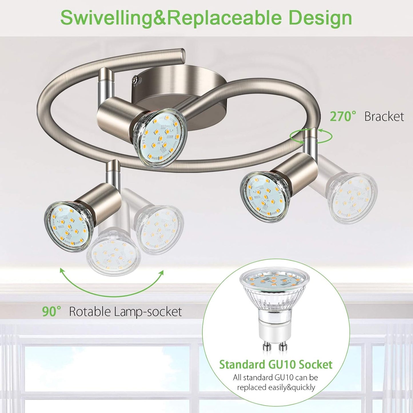 Unicozin LED Ceiling Light Rotatable, 3 Way LED Ceiling Spotlight, Matt Nickel & Swivelling Design, for Kitchen, Living Room, Bedroom, Including 3 X 4W GU10 LED Bulbs (400LM, Warm White, AC220-240V)