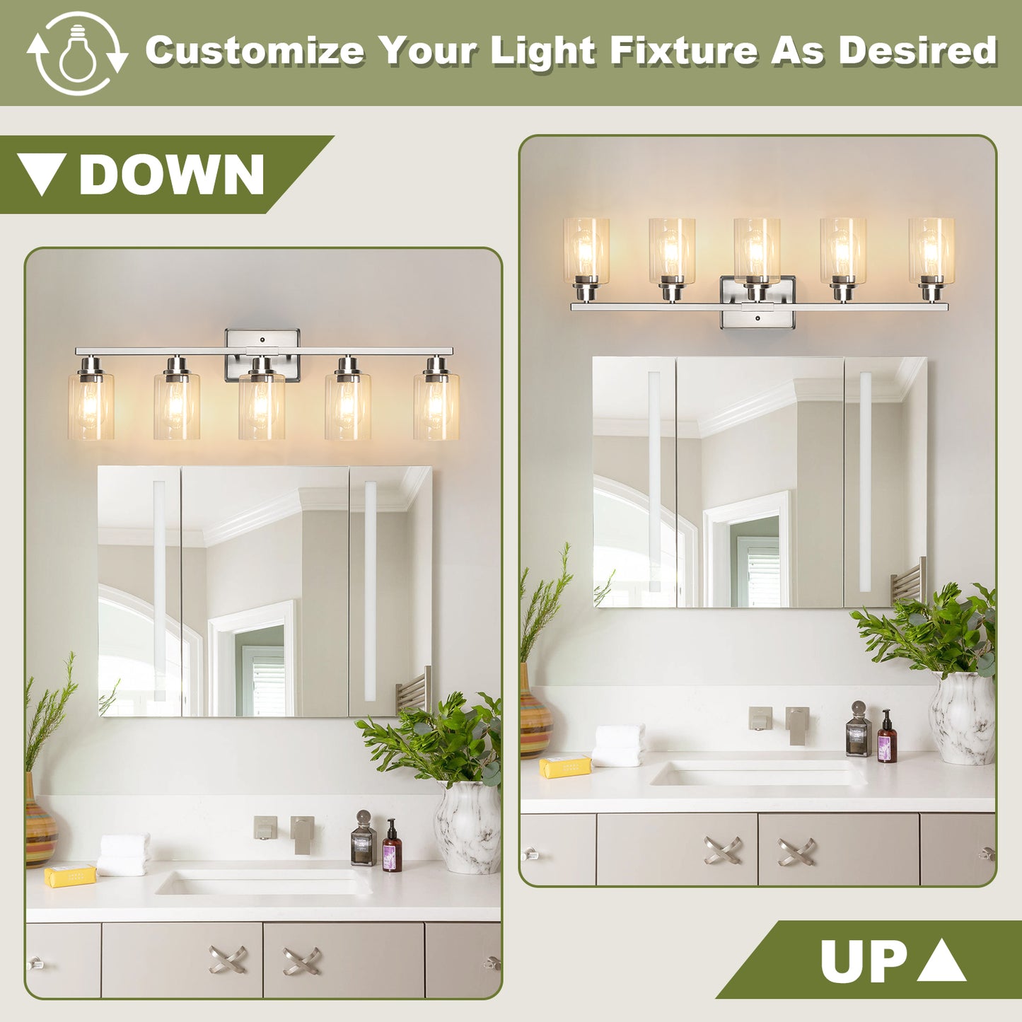 Unicozin Modern Bathroom Light Fixtures, 5 Light Vanity Lights Over Mirror, Brushed Nickel Wall Lamp with Clear Glass for Living Room Cabinet Bedroom Porch