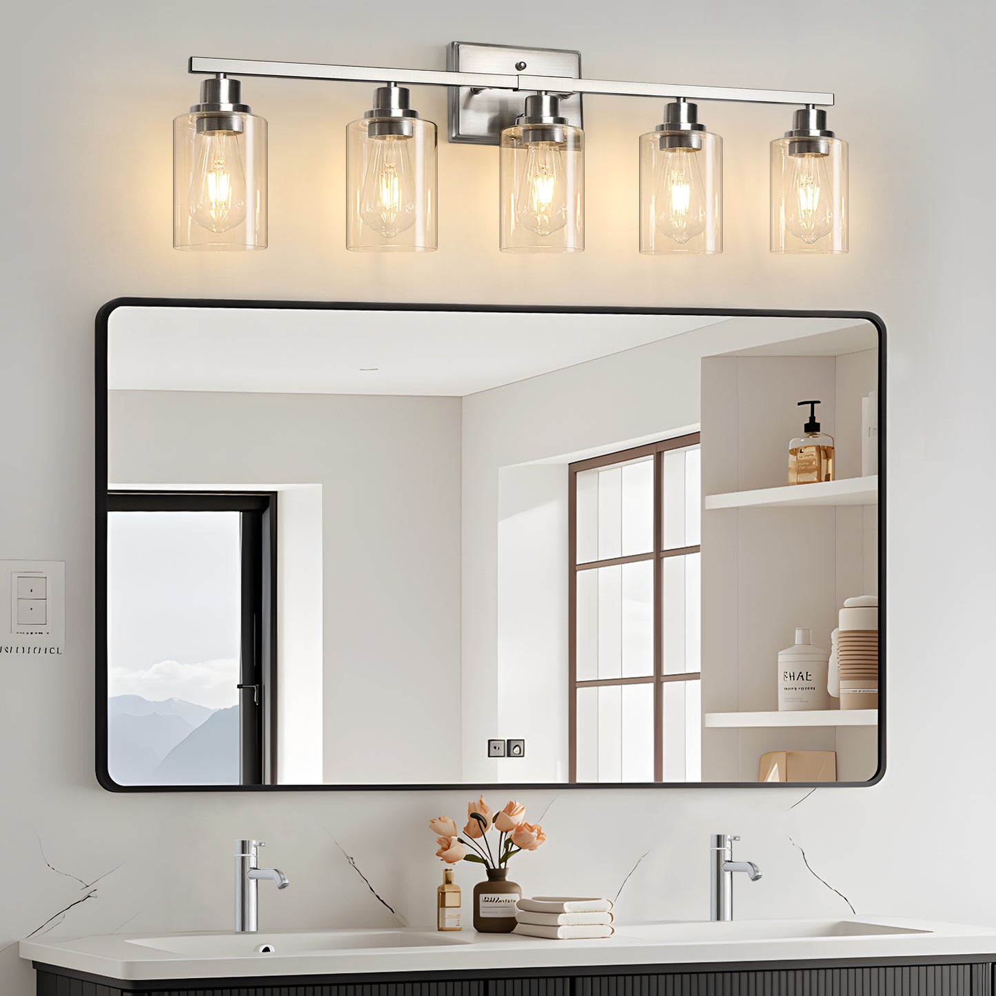 Unicozin Modern Bathroom Light Fixtures, 5 Light Vanity Lights Over Mirror, Brushed Nickel Wall Lamp with Clear Glass for Living Room Cabinet Bedroom Porch