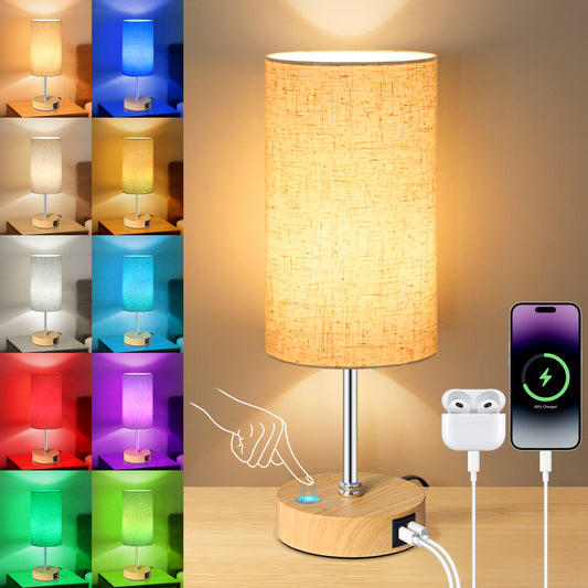 Unicozin Small Table Lamp, 3CCT & 7 RGB Color Changing, Dimmable Nightstand Lamp with Wood Grain Base, Touch Bedsides Lamp for Bedroom, Office, Kids Room, Nursery, Party, Beige Shad