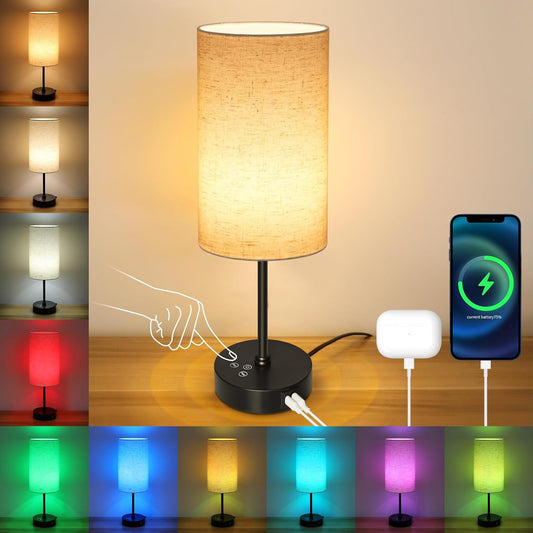 Unicozin 17Inch Table Lamp, 3 CCT 3000K/4500K/6500K & RGB Color Changing, Stepless Dimmable Bedside Lamp for Reading, Ambience Nightstand Light for Home Decor Party, Beige Shade