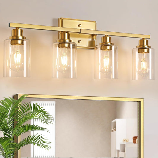 Unicozin Modern Bathroom Light Fixtures, 4 Light Vanity Lights Over Mirror, Gold Wall Lamp with Clear Glass for Living Room Cabinet Bedroom Porch Powder Room