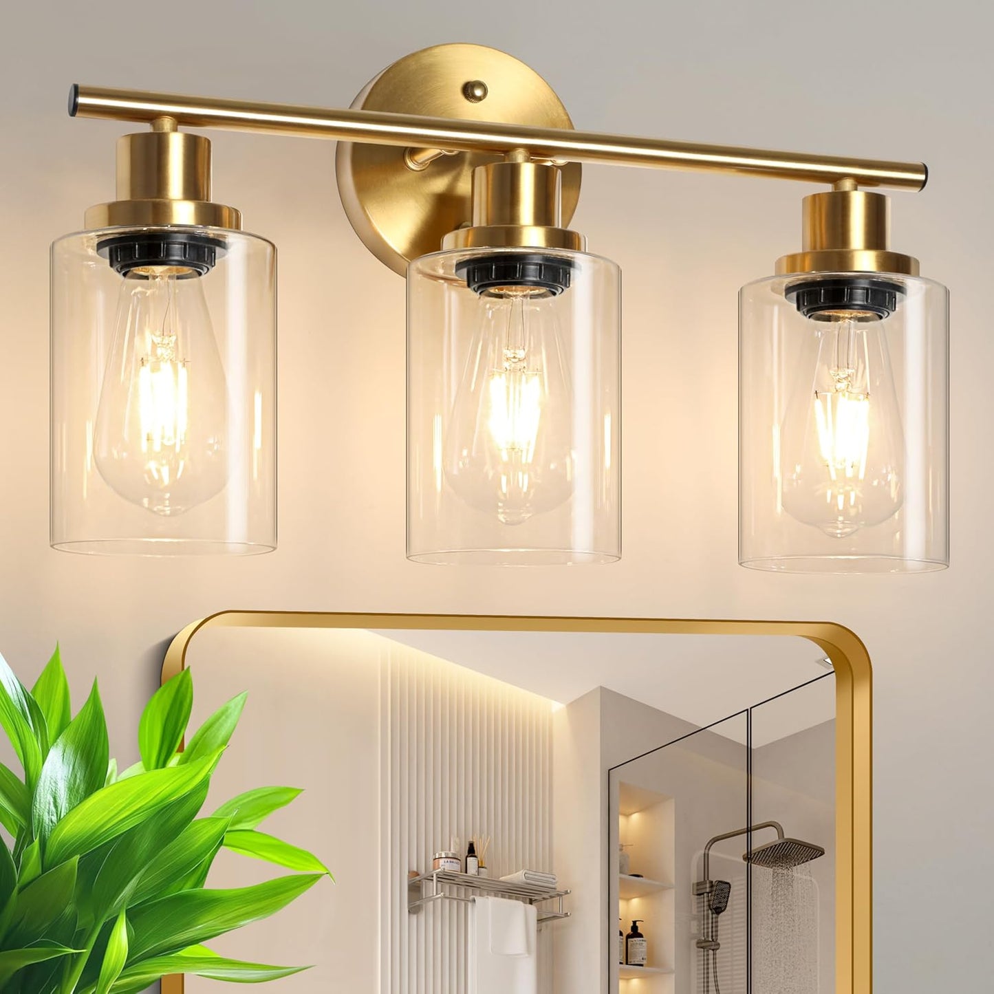 Unicozin Modern Bathroom Light Fixtures, 3 Light Vanity Lights, Gold Wall Lamp with Clear Glass for Bathroom, Mirror, Living Room, Bedroom, Hallway, E26 Base