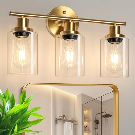 Unicozin Modern Bathroom Light Fixtures, 3 Light Vanity Lights, Gold Wall Lamp with Clear Glass for Bathroom, Mirror, Living Room, Bedroom, Hallway, E26 Base