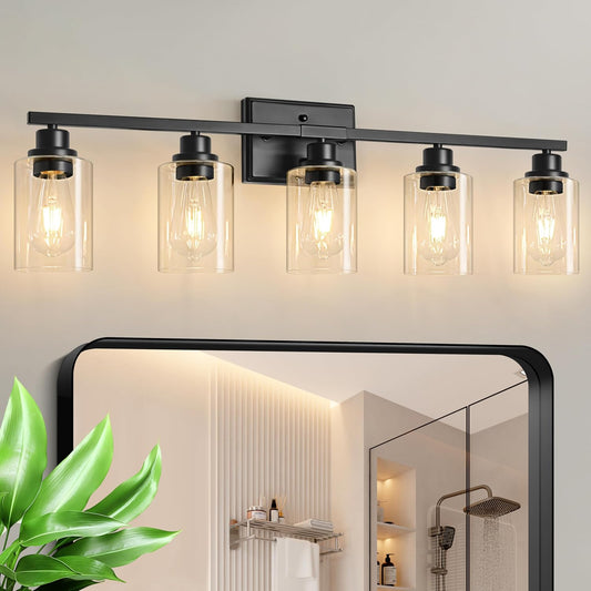 Unicozin Modern Bathroom Light Fixtures, 5 Light Vanity Lights Over Mirror, Black Wall Lamp with Clear Glass for Living Room Cabinet Bedroom Porch