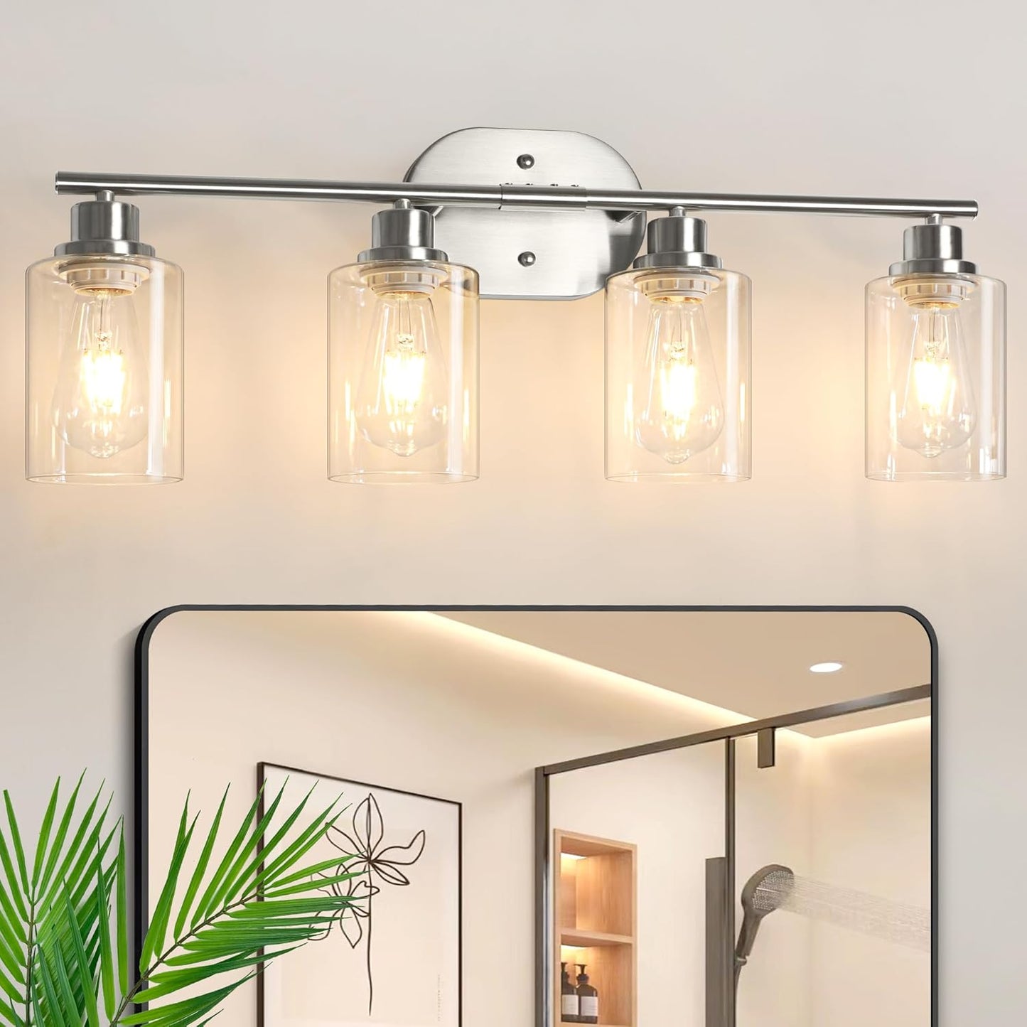 Unicozin Bathroom Light Fixtures, 4 Light Vanity Lights for Bathroom, Brushed Nickel Wall Lamp with Clear Glass for Mirror, Living Room, Hallway, Cabinet, E26 Base