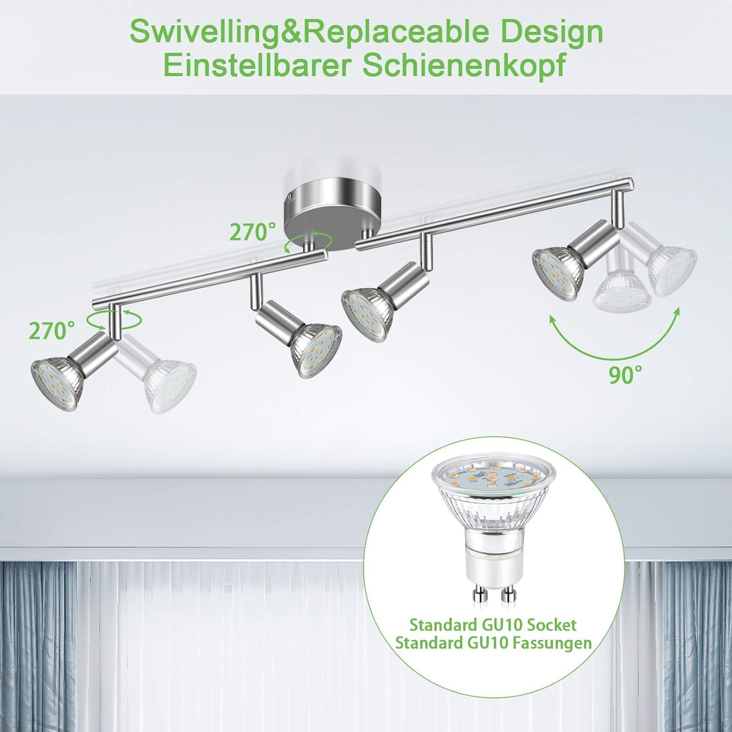 Unicozin LED Deckenleuchte, 4 Flammig Deckenstrahler Schwenkbar Chrom, Inkl. 4 x 4W GU10 LED Lampen, 400LM, Warmweiß, Deckenlampe Spot für Küche, Wohnzimmer, Schlafzimmer