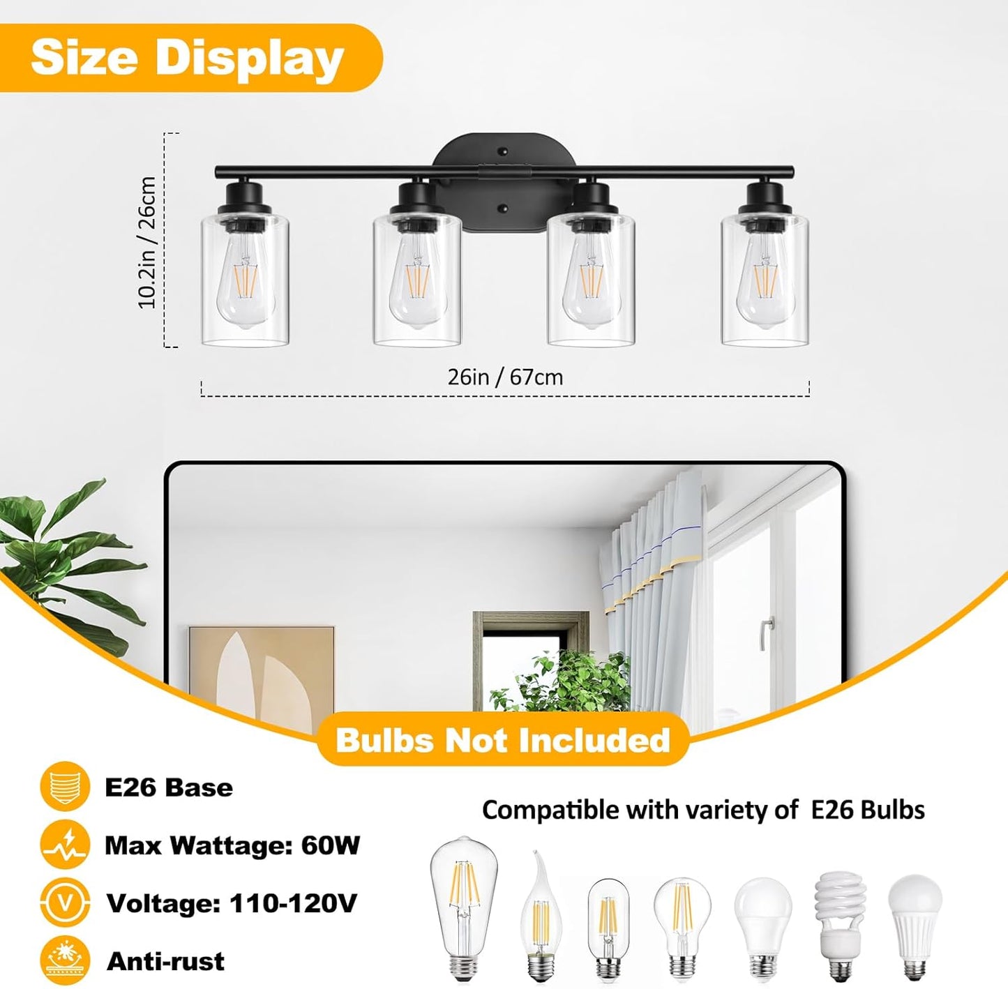Unicozin Bathroom Light Fixtures, 4 Light Vanity Lights for Bathroom, Black Wall Lamp with Clear Glass for Mirror, Living Room, Hallway, Cabinet, E26 Base