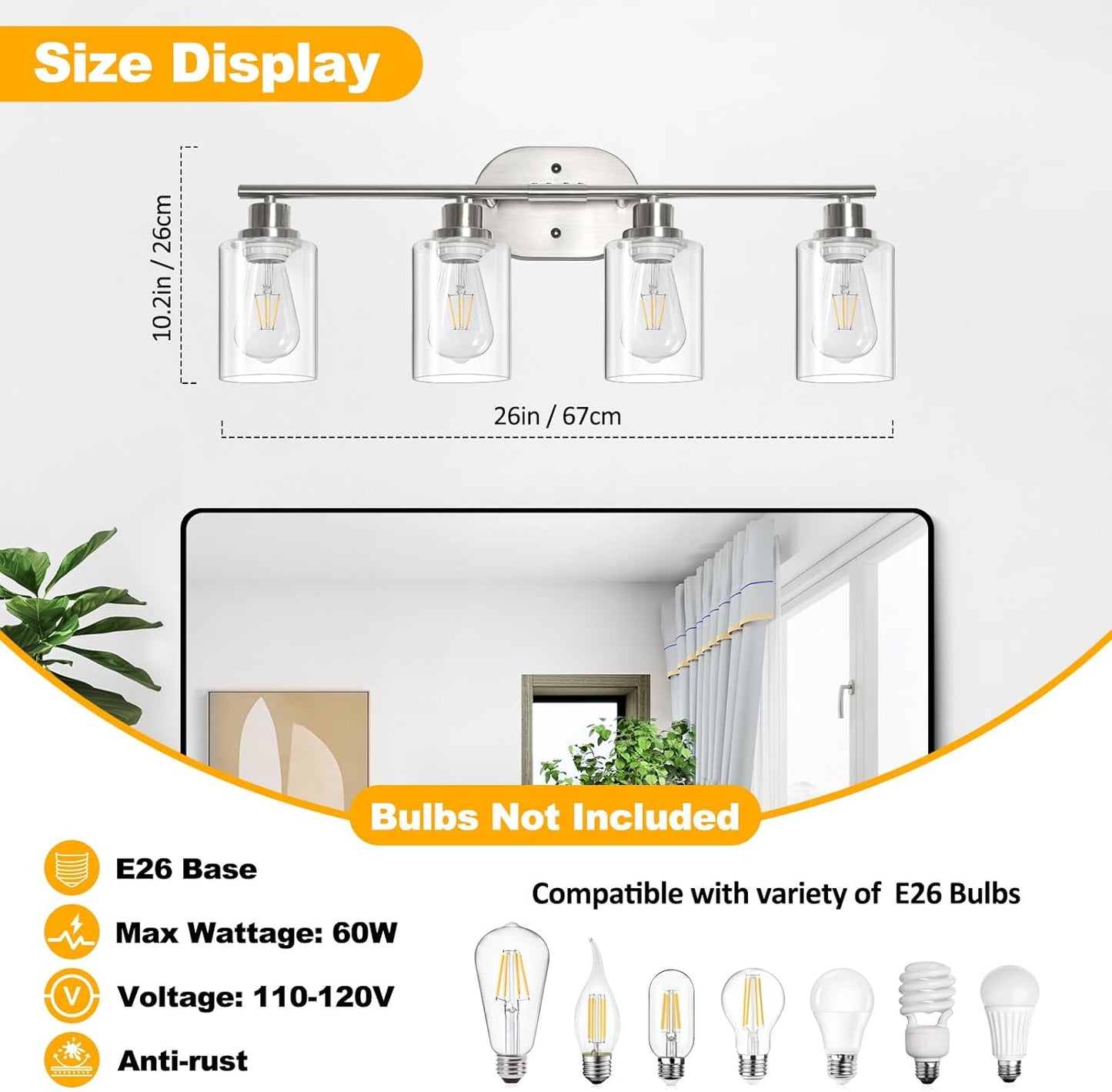 Unicozin Bathroom Light Fixtures, 4 Light Vanity Lights for Bathroom, Brushed Nickel Wall Lamp with Clear Glass for Mirror, Living Room, Hallway, Cabinet, E26 Base