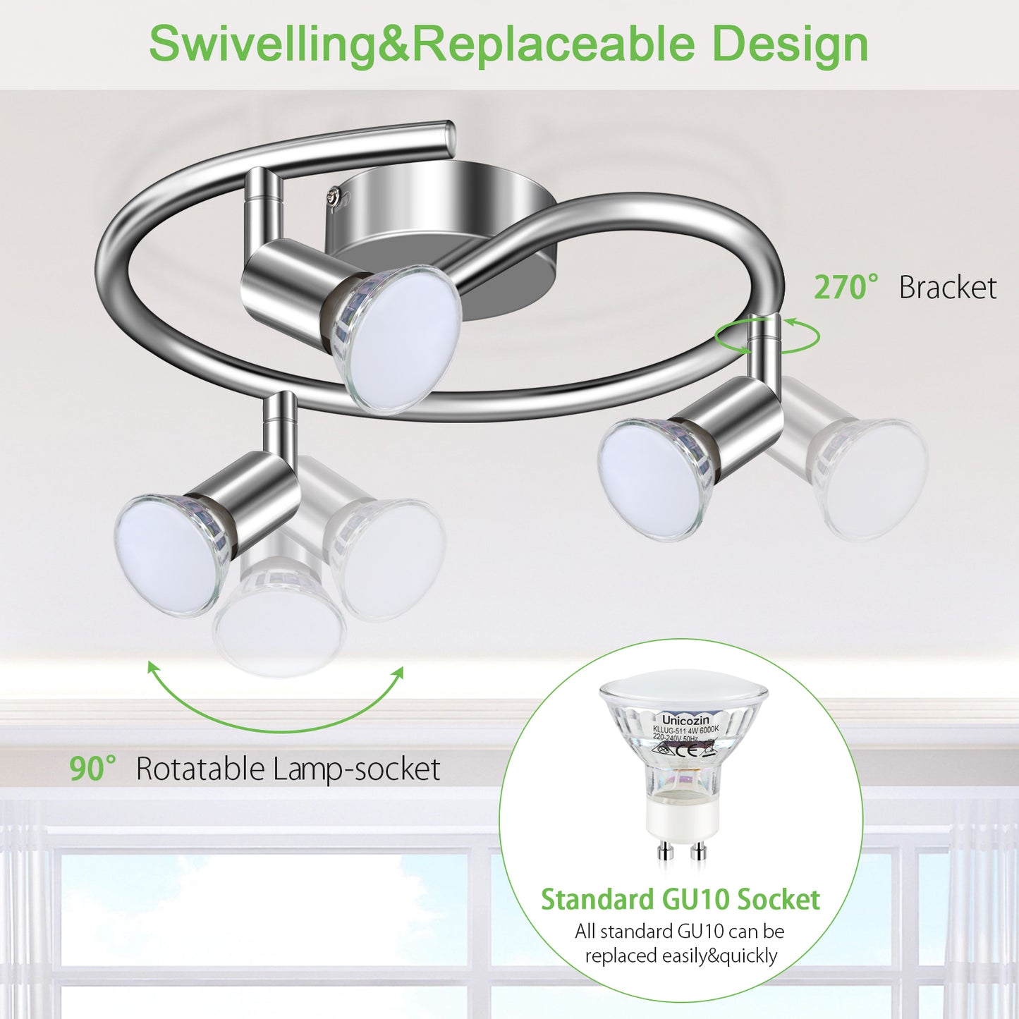 Unicozin LED Ceiling Light Rotatable, 3 Way LED Ceiling Spotlight, Chrome & Swivelling Design, Including 3 X 4W GU10 LED Bulbs (450LM, Cool White 6000K),for Kitchen, Living Room, Bedroom