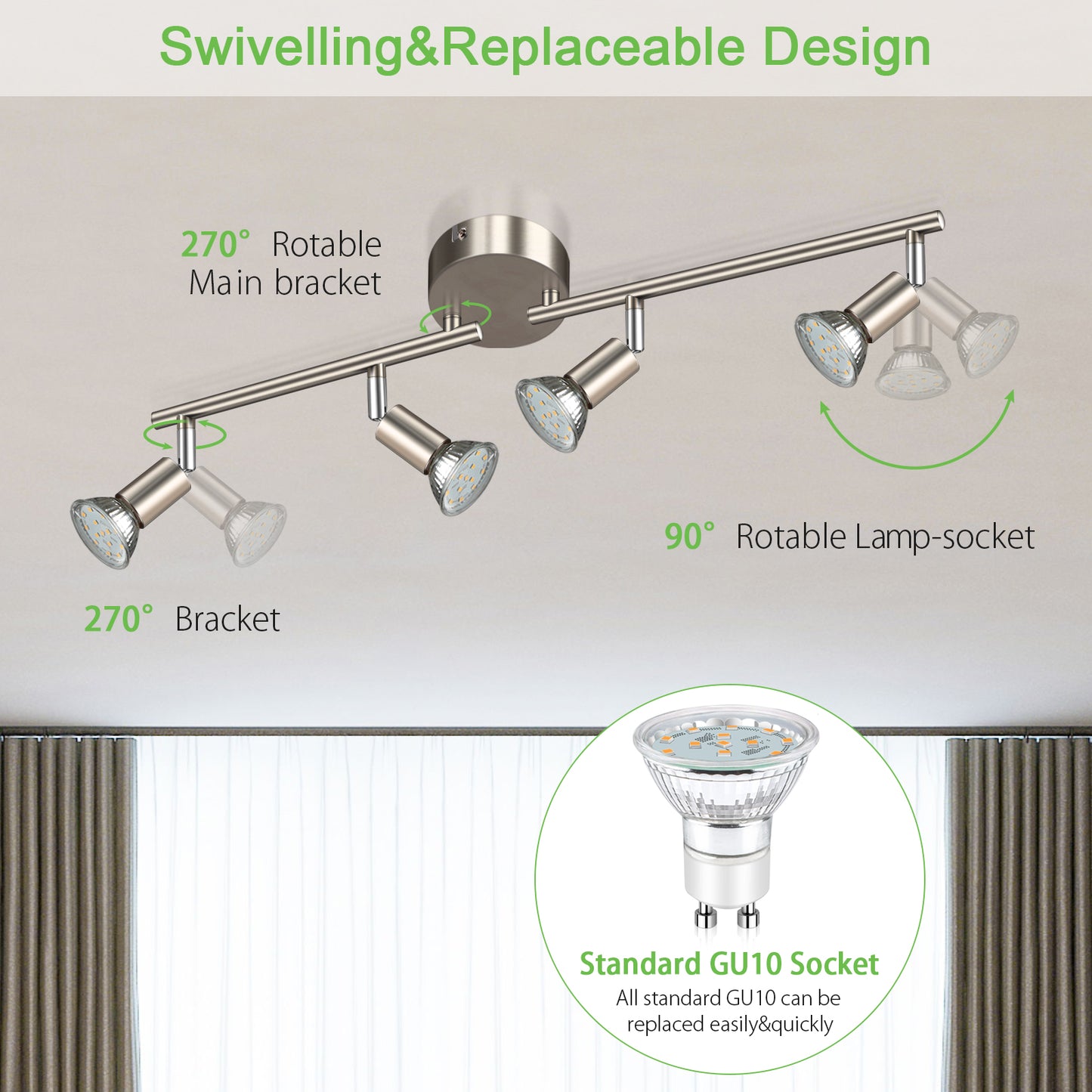 Unicozin LED Ceiling Light Rotatable, 4 Way LED Ceiling Spotlight, Matt Nickel & Swivelling Design, for Kitchen, Living Room, Bedroom, Including 4X 4W GU10 LED Bulbs (400LM, Warm White, AC220-240V)