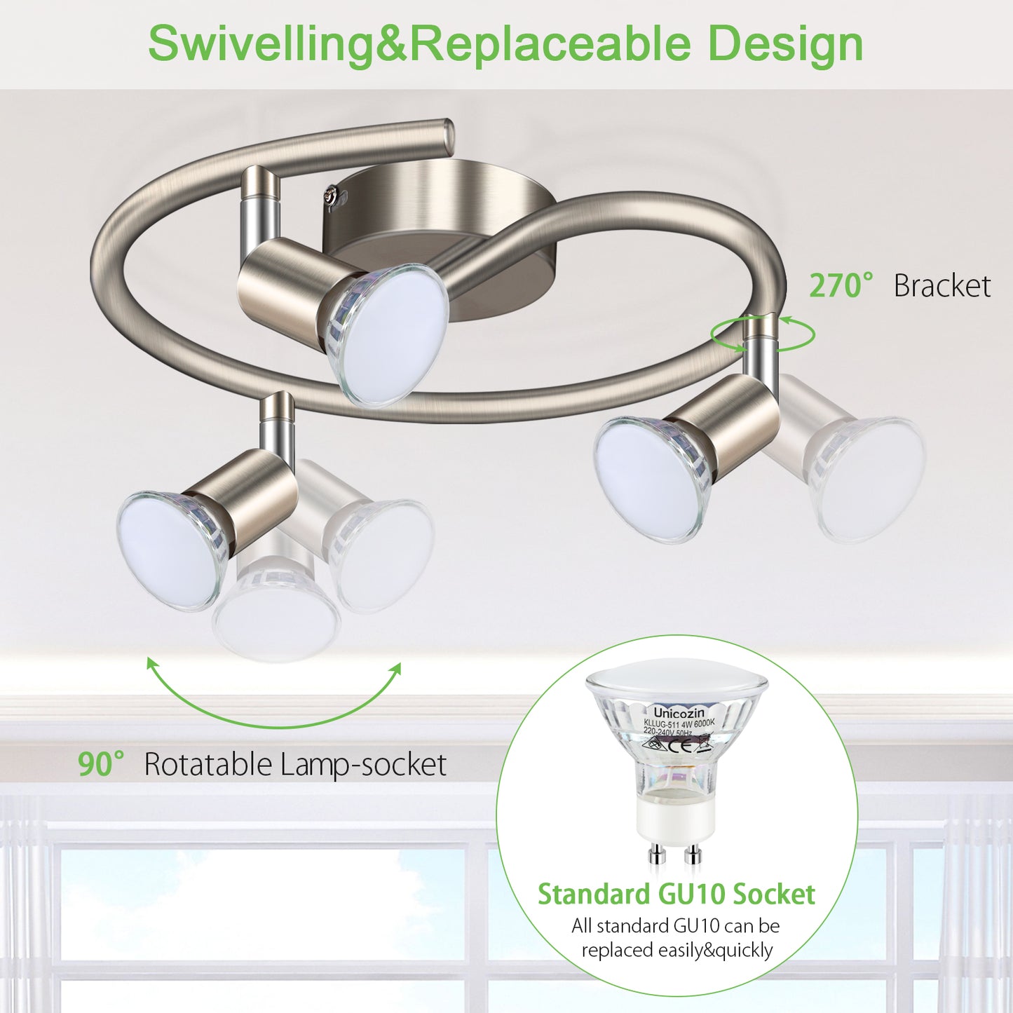 Unicozin LED Ceiling Light Rotatable, 3 Way LED Ceiling Spotlight, Matt Nickel & Swivelling Design, Including 3 X 4W GU10 LED Bulbs (450LM, Cool White 6000K),for Kitchen, Living Room, Bedroom, AC220-240V