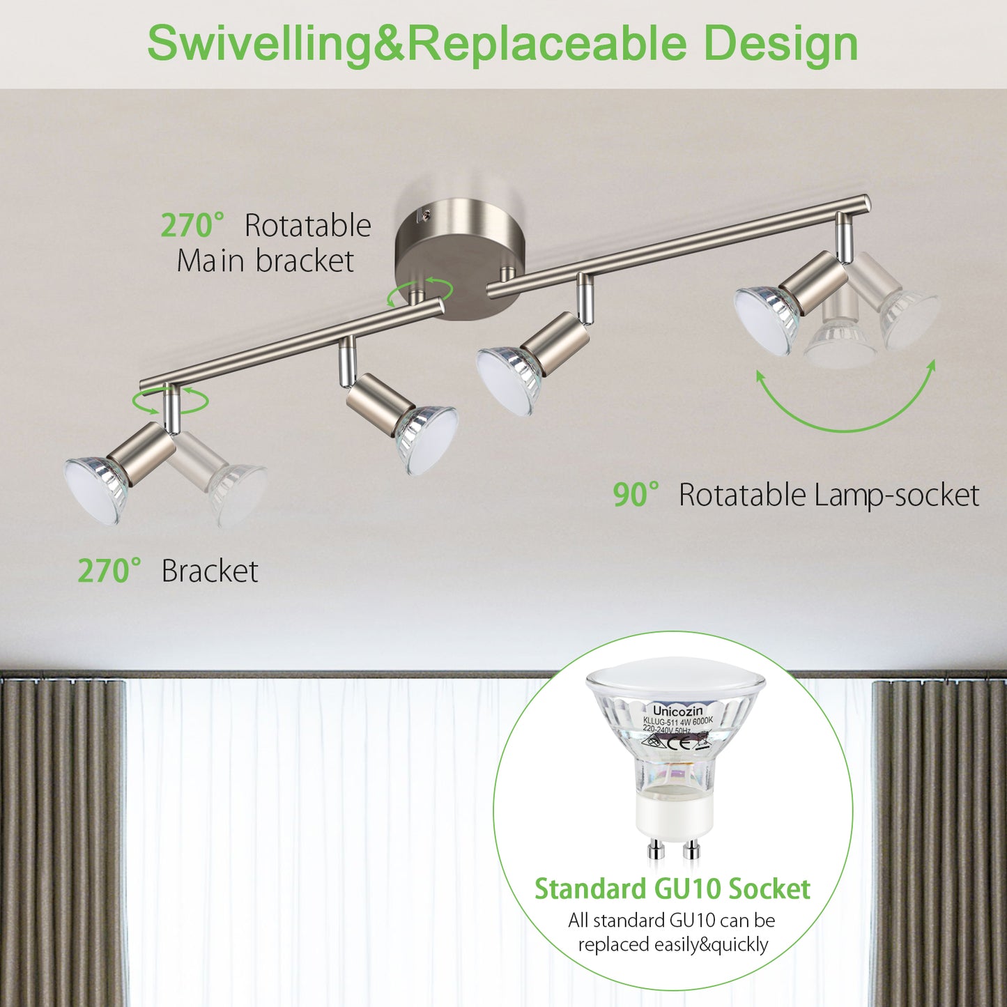 Unicozin LED Ceiling Light Rotatable, 4 Way LED Ceiling Spotlight, Matt Nickel & Swivelling Design, Including 4 X 4W GU10 LED Bulbs (450LM, Cool White 6000K),for Kitchen, Living Room, Bedroom, AC220-240V