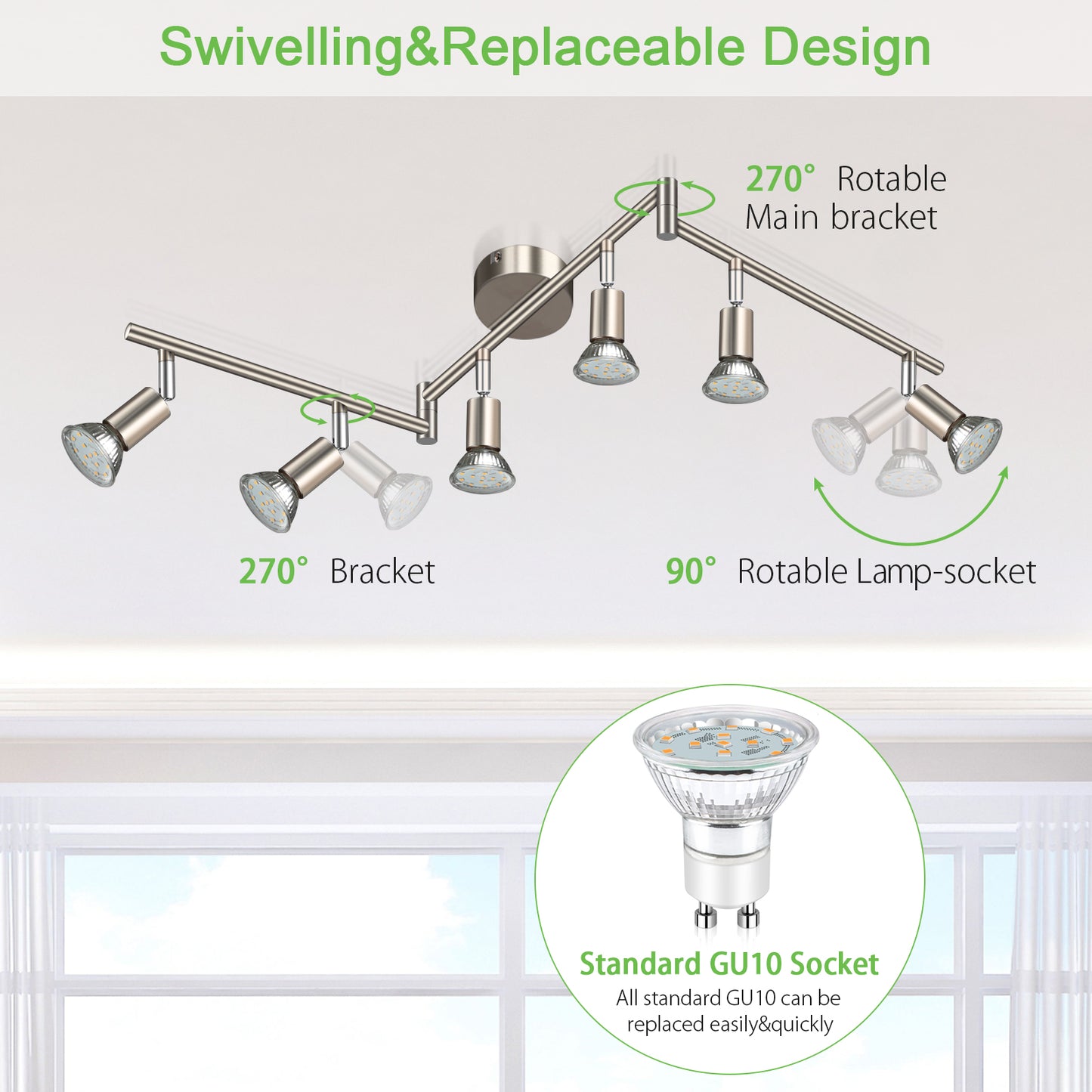 Unicozin LED Ceiling Light Rotatable, 6 Way LED Ceiling Spotlight, Matt Nickel & Swivelling Design, for Kitchen, Living Room, Bedroom, Including 6X 4W GU10 LED Bulbs (400LM, Warm White, AC220-240V)