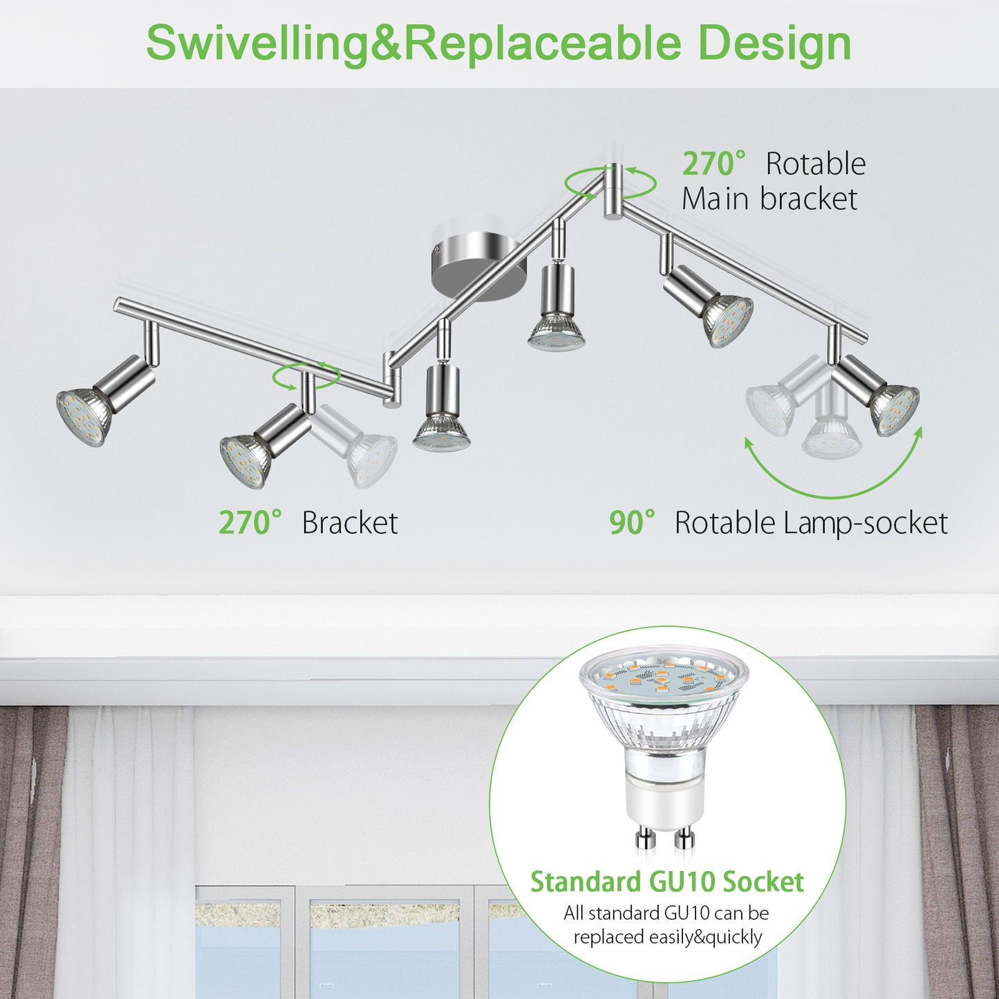 Unicozin LED Deckenleuchte, 6 Flammig LED Deckenstrahler Schwenkbar Chrom, Inkl. 6 x 3.5W GU10 LED Lampen, 380LM, Warmweiß, LED Deckenspot LED Deckenlampe, AC220-240V