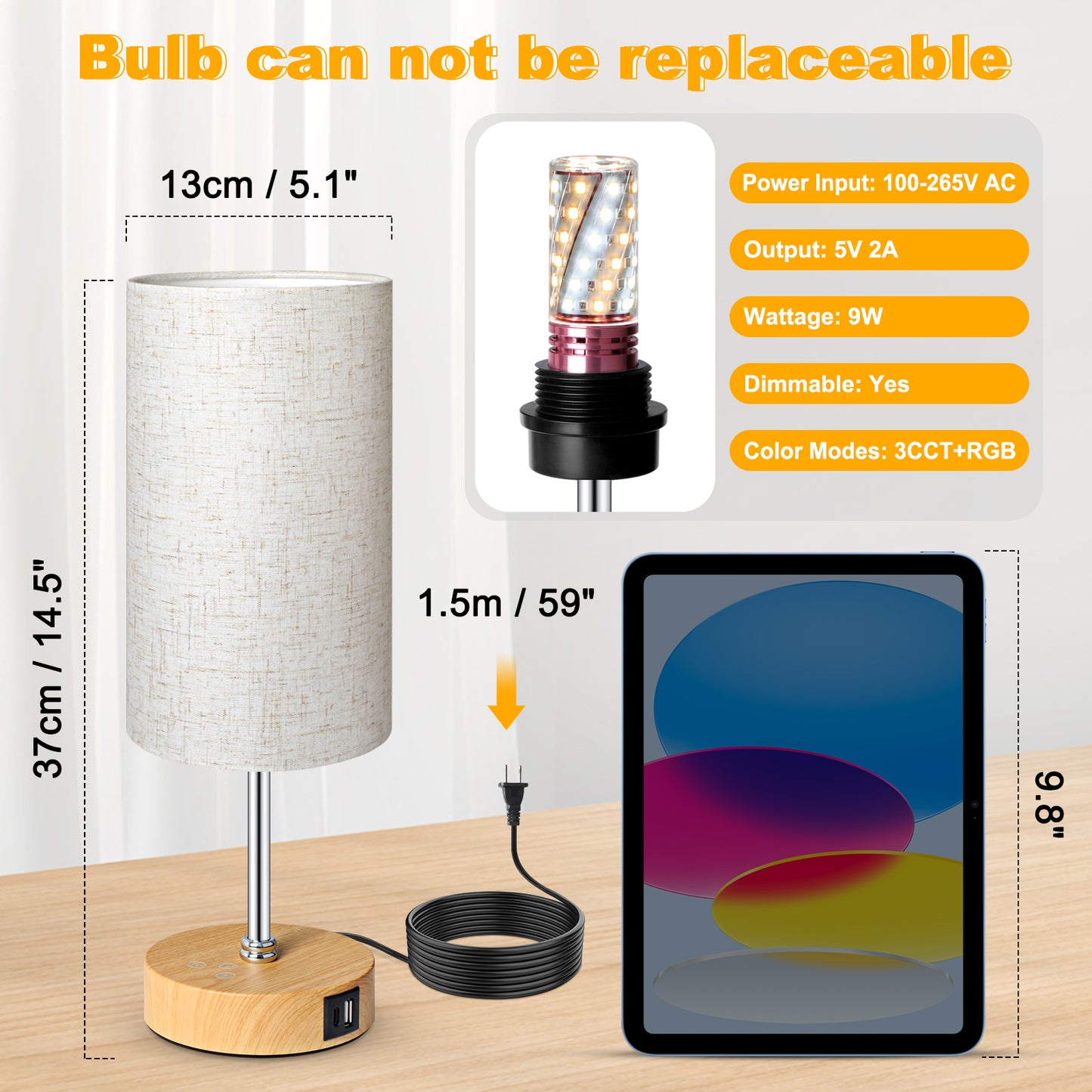 Unicozin Small Table Lamp, 3CCT & 7 RGB Color Changing, Dimmable Nightstand Lamp with Wood Grain Base, Touch Bedsides Lamp for Bedroom, Office, Kids Room, Nursery, Party, Beige Shad