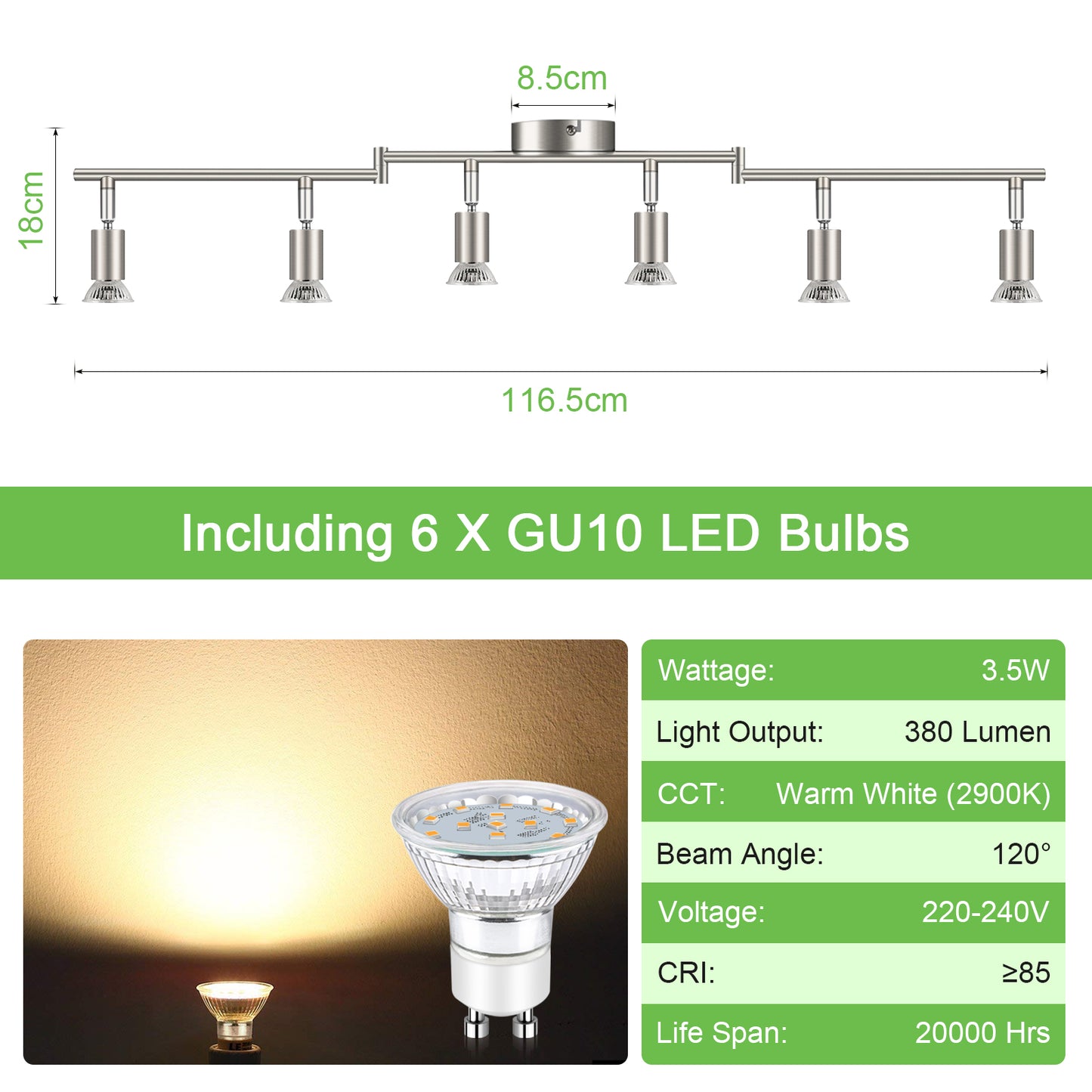 Unicozin LED Ceiling Light Rotatable, 6 Way LED Ceiling Spotlight, Matt Nickel & Swivelling Design, for Kitchen, Living Room, Bedroom, Including 6X 4W GU10 LED Bulbs (400LM, Warm White, AC220-240V)