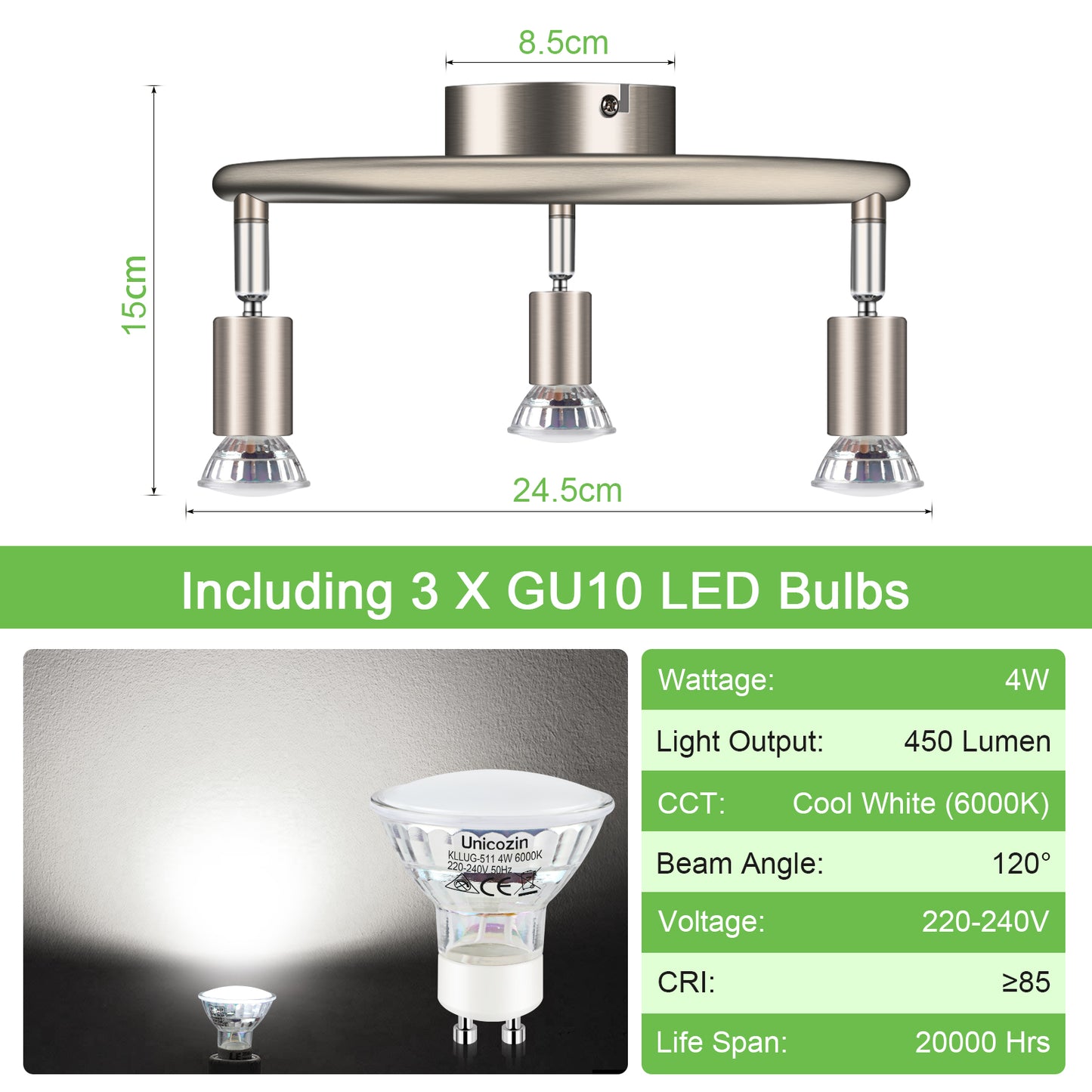 Unicozin LED Ceiling Light Rotatable, 3 Way LED Ceiling Spotlight, Matt Nickel & Swivelling Design, Including 3 X 4W GU10 LED Bulbs (450LM, Cool White 6000K),for Kitchen, Living Room, Bedroom, AC220-240V