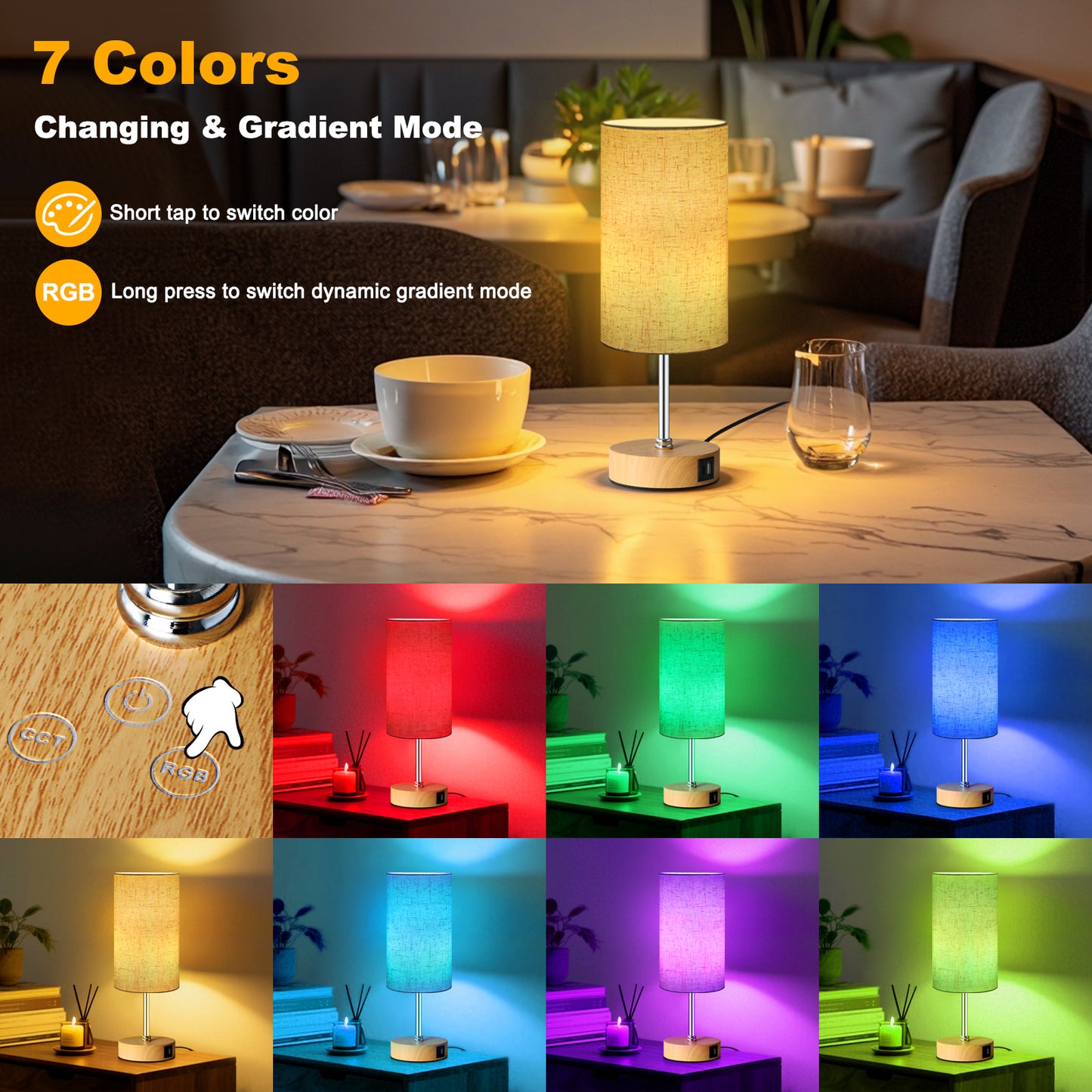 Unicozin Small Table Lamp, 3CCT & 7 RGB Color Changing, Dimmable Nightstand Lamp with Wood Grain Base, Touch Bedsides Lamp for Bedroom, Office, Kids Room, Nursery, Party, Beige Shad