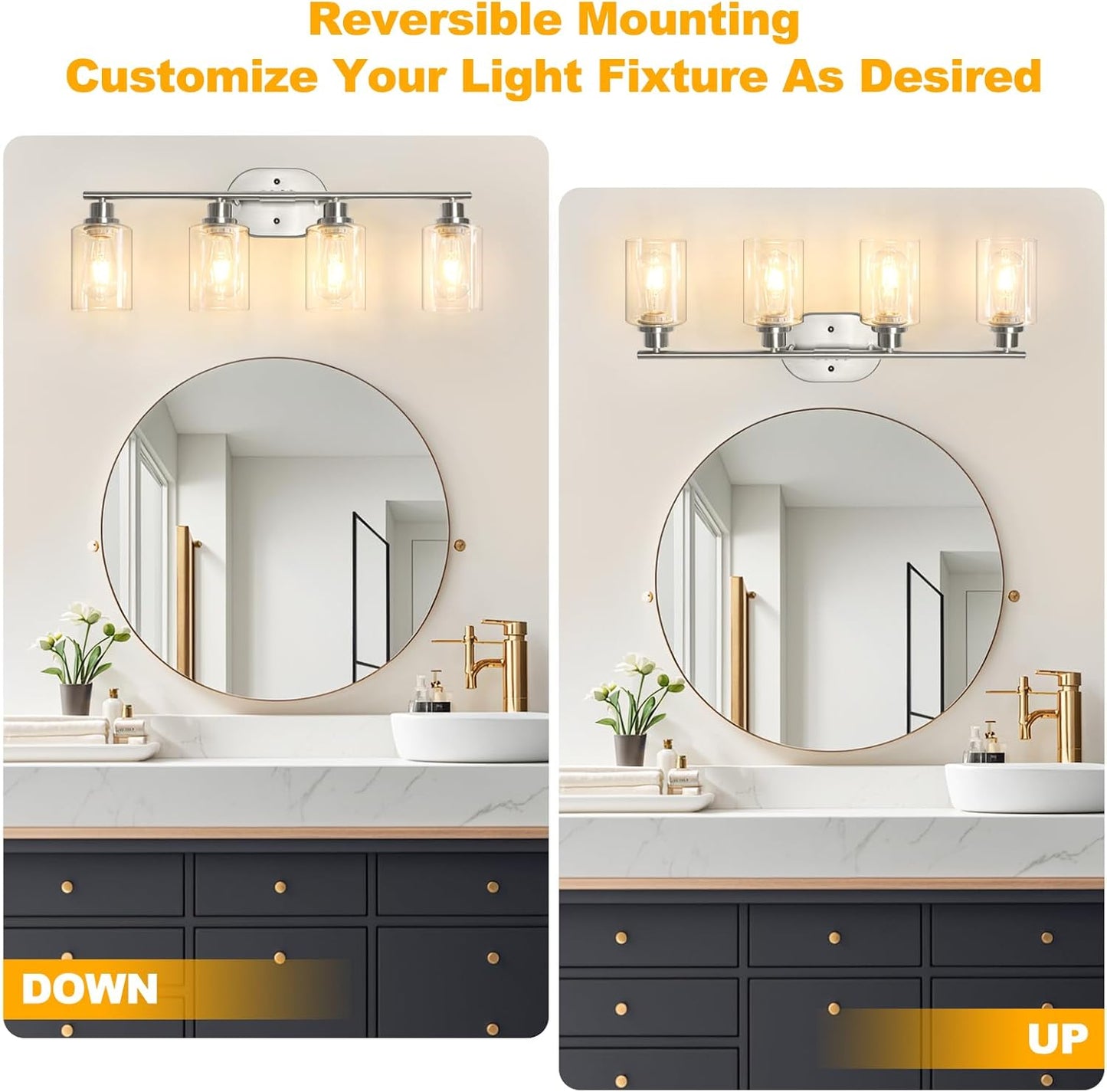 Unicozin Bathroom Light Fixtures, 4 Light Vanity Lights for Bathroom, Brushed Nickel Wall Lamp with Clear Glass for Mirror, Living Room, Hallway, Cabinet, E26 Base