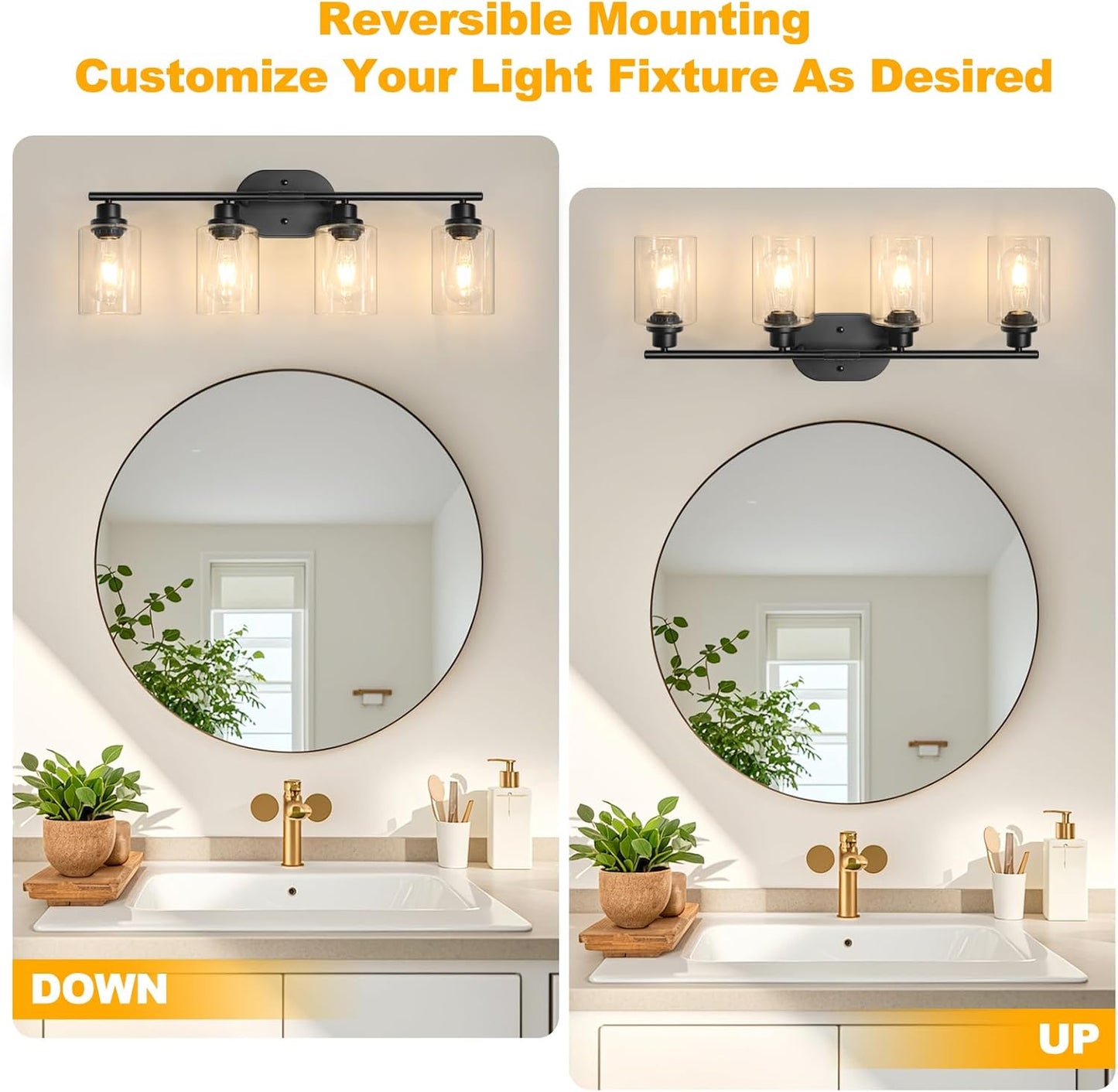 Unicozin Bathroom Light Fixtures, 4 Light Vanity Lights for Bathroom, Black Wall Lamp with Clear Glass for Mirror, Living Room, Hallway, Cabinet, E26 Base