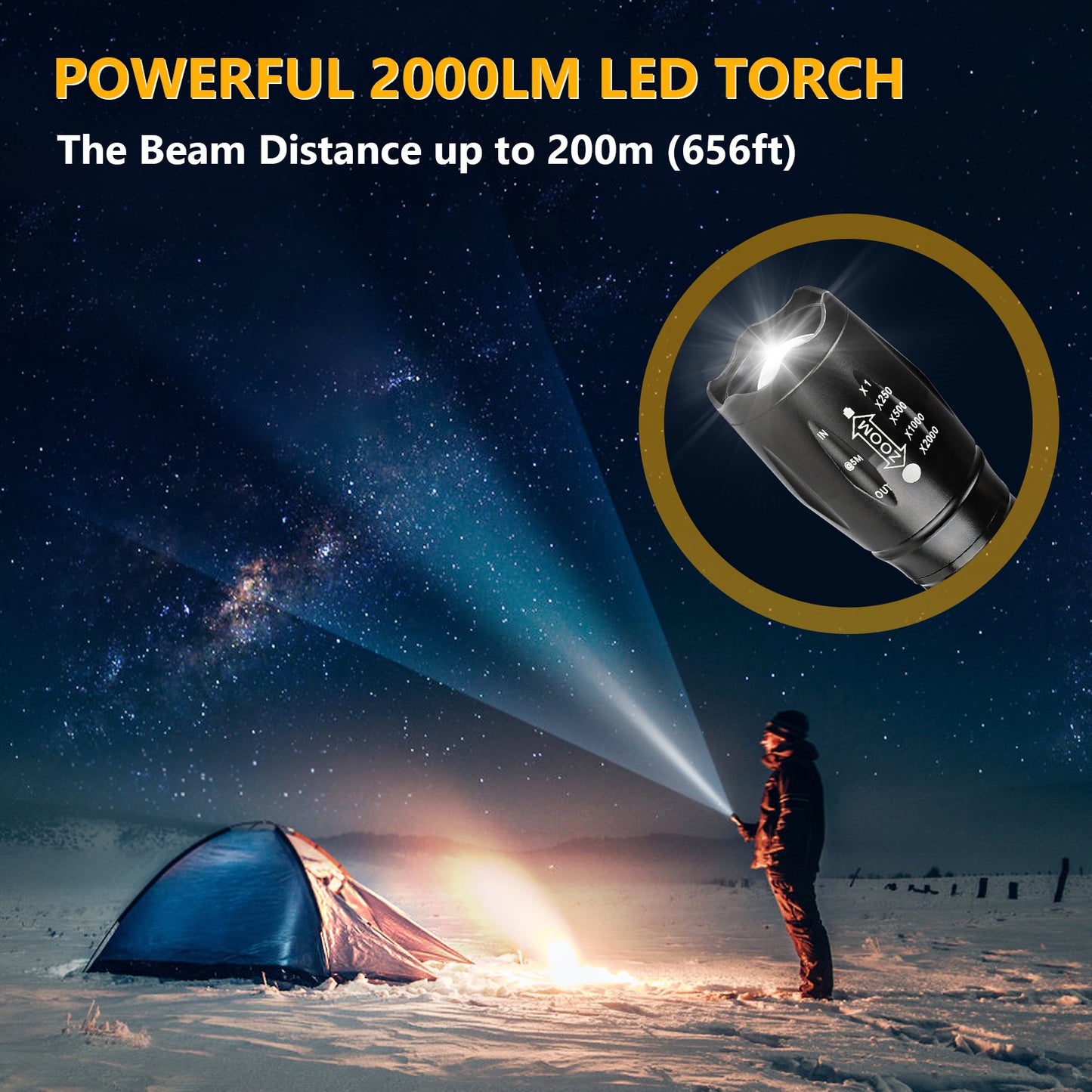 Unicozin LED Torch 2 Pack, 2000LM LED Flashlight Adjustable, 5 Modes Focus Zoomable, 3 x AAA Batteries Included, Waterproof Powerful Pocket Torch for Camping, Hiking, Walking, Outdoor, Emergency