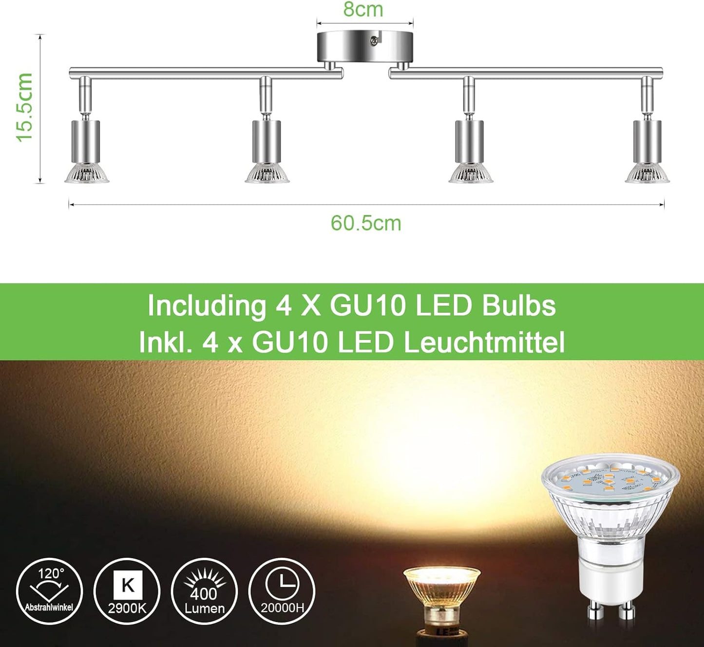 Unicozin LED Deckenleuchte, 4 Flammig Deckenstrahler Schwenkbar Chrom, Inkl. 4 x 4W GU10 LED Lampen, 400LM, Warmweiß, Deckenlampe Spot für Küche, Wohnzimmer, Schlafzimmer