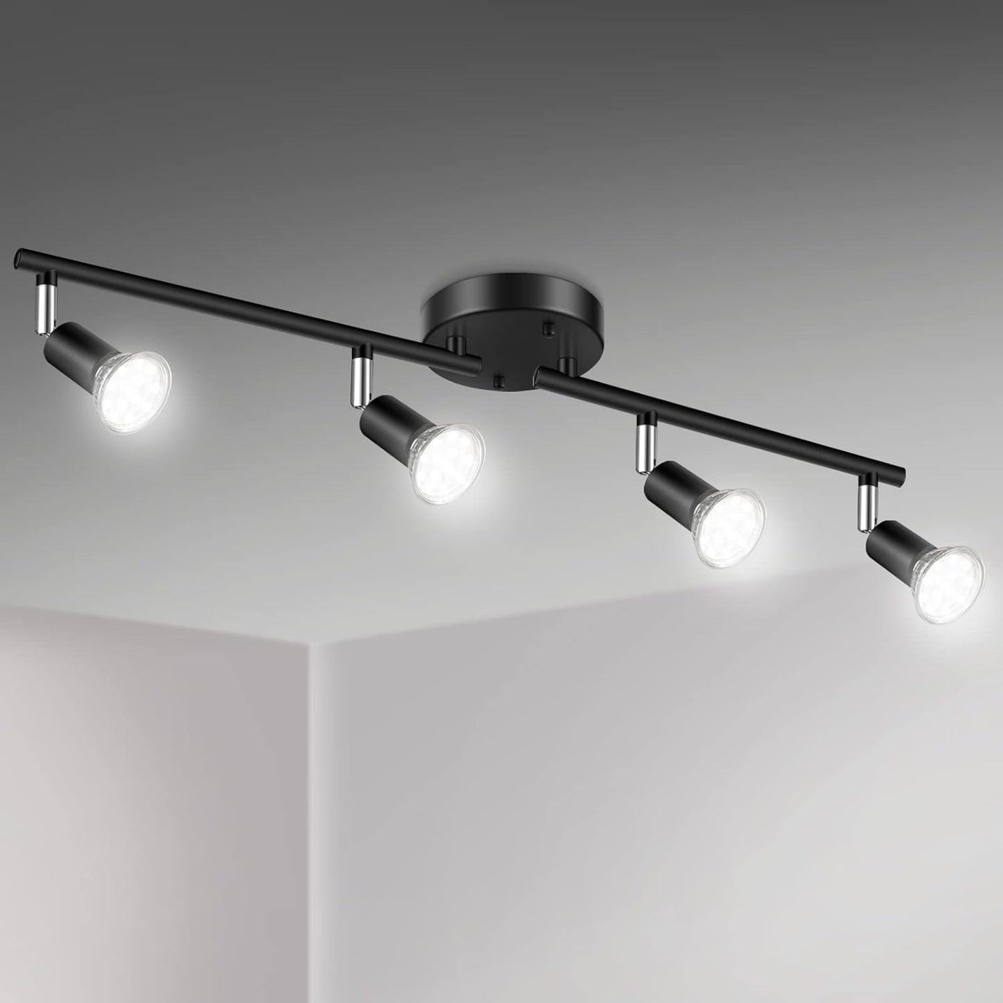 Unicozin LED 4 Light Track Lighting Kit, Black 4 Way Ceiling Spot Lighting, Flexibly Rotatable Light Head, Track Light Included 4 x LED GU10 Bulb (4W, Daylight White 5000K, 400LM, AC120V)